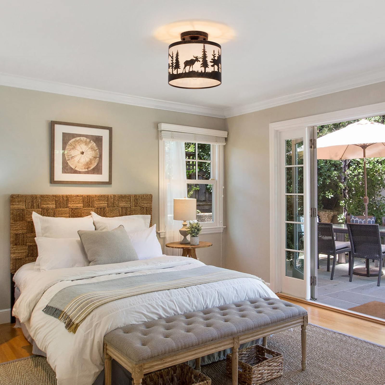 Monaxon Rustic Semi Flush Mount Ceiling Light, Black Metal, Wildlife Forest Theme, E26 Base, 9.1in Round, With Shade