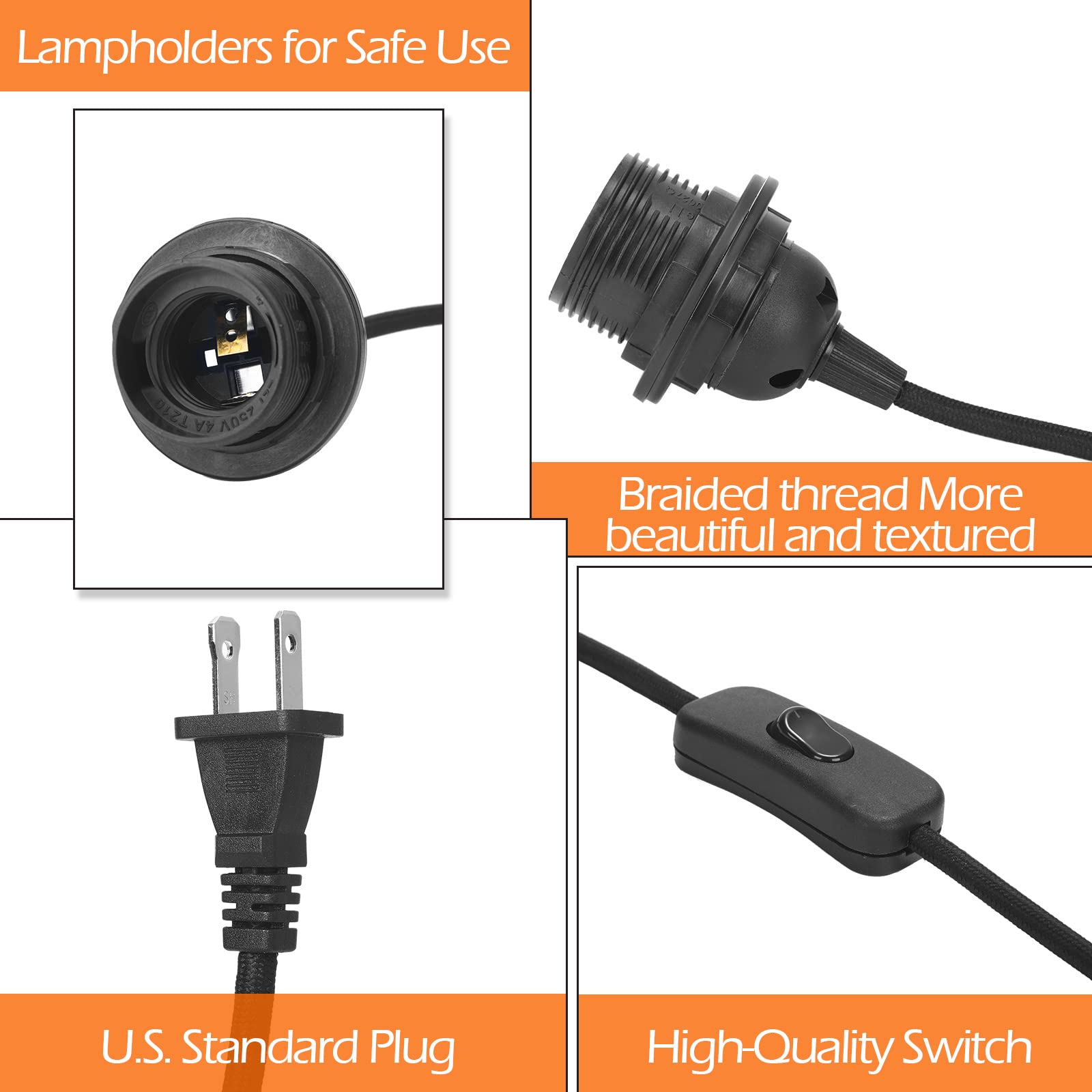 6 Pack Plug In Hanging Light Kit E26/E27 Extension Hanging Lantern Pendant Light Lamp Cord Cable 12 Ft Cord With On/Off Switch H