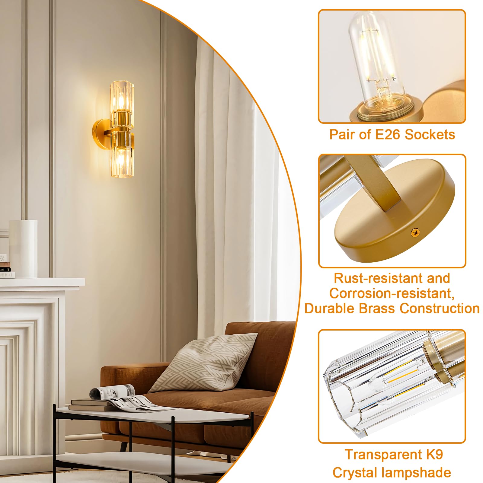 Plsintly Gold Crystal Wall Sconces Set Of Two  Wall Sconce Set Of 2  Brass Sconces Wall Lighting With K9 Crystal Lampshade  Wall Lights For Bedroom Living Room Bathroom Hallway