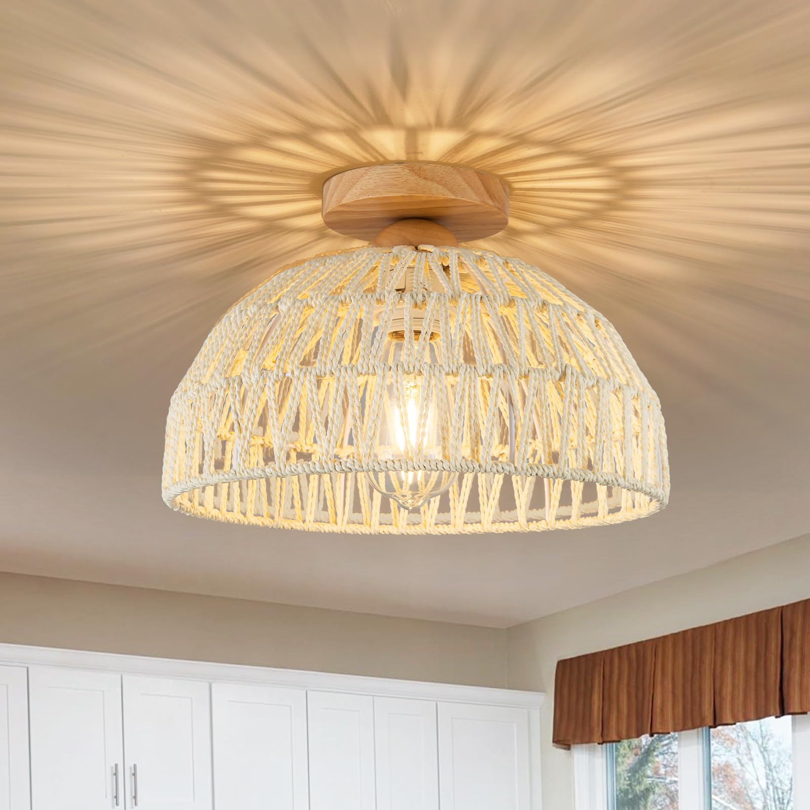 Rattan Ceiling Light Fixtures Small Boho Chandelier Lights Cream White Flush Mount Ceiling Light Wooden Canopy Bohemian Woven Ch