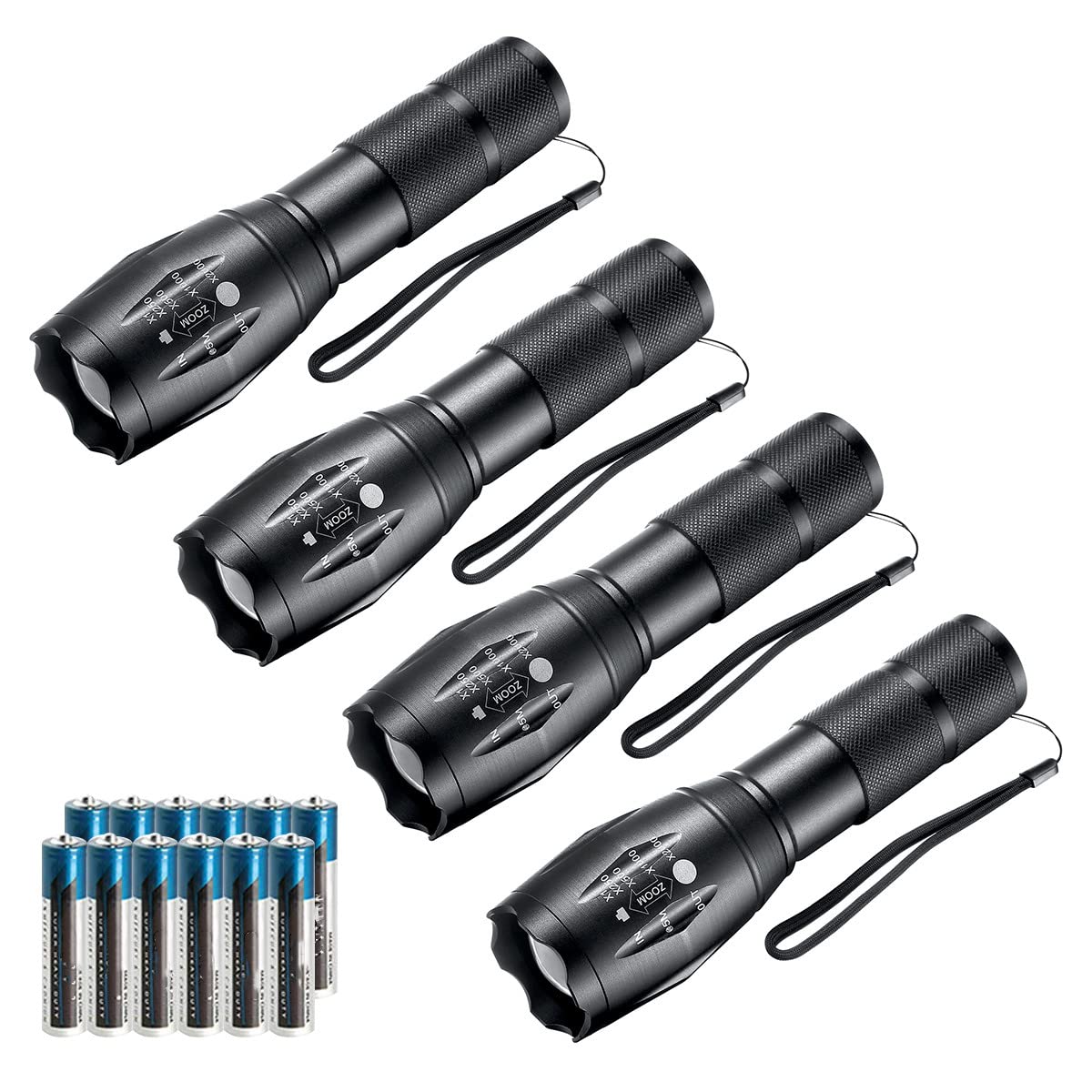 Whaply LED Flashlights,4pack Tactical Flashlight High Lumens Lights with 12Pack AAA Batteries Portable Waterproof Zoomable Flash