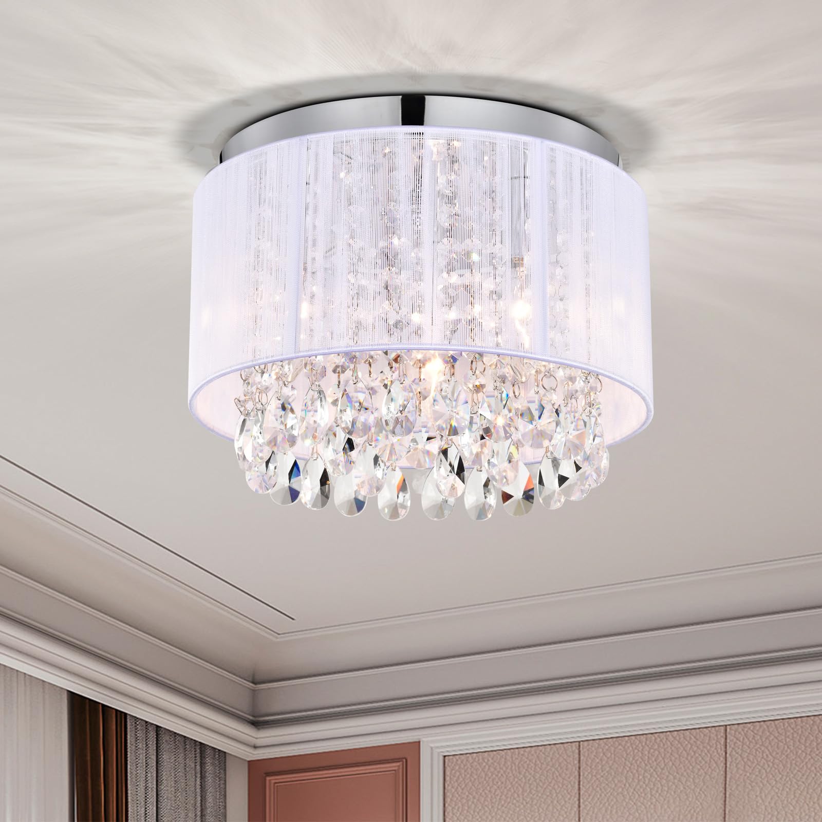LaLuLa 3-Light Mini Flush Mount Chandelier - White Crystal Drum Design, 11" Round Lighting for Bedroom