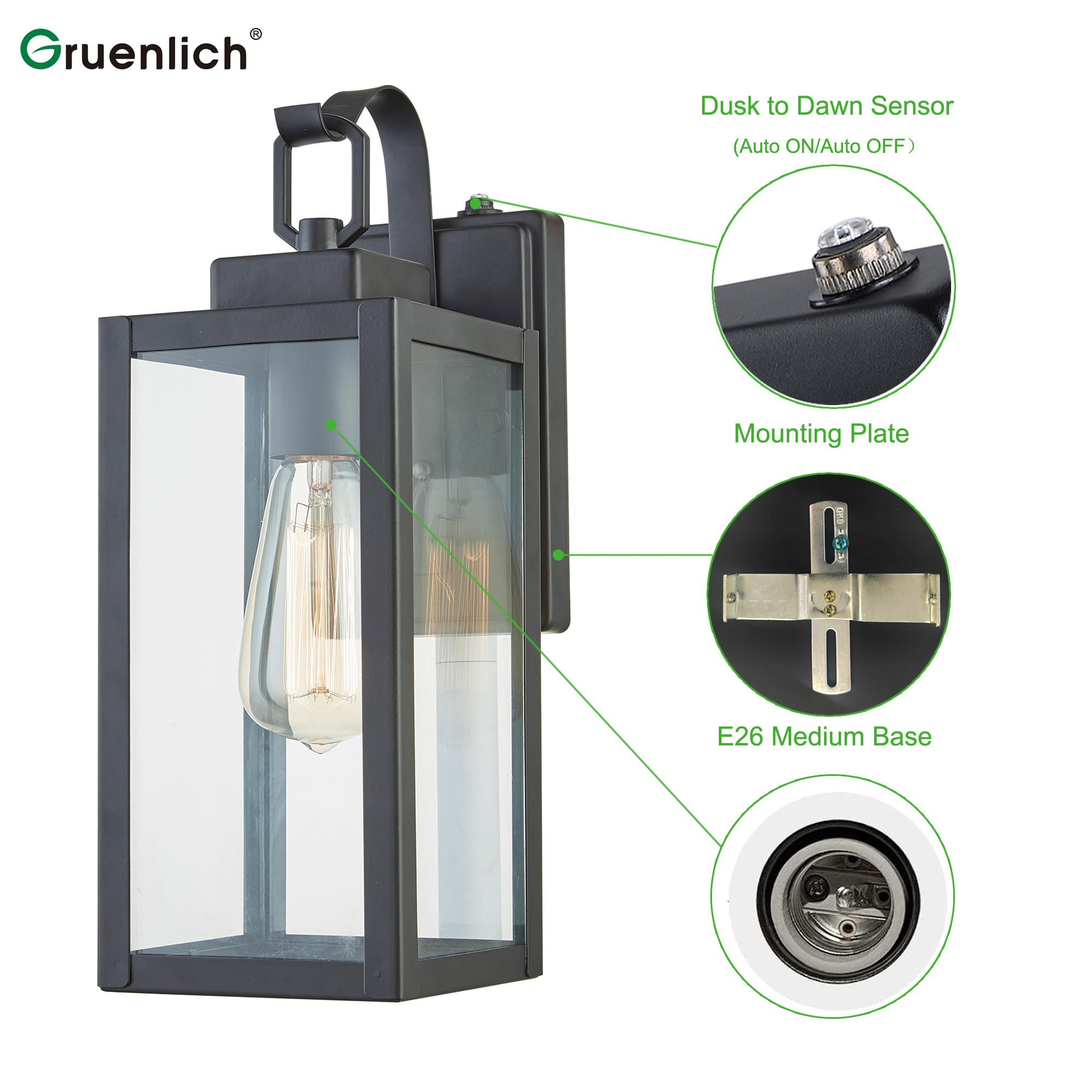 Gruenlich Dusk To Dawn Outdoor Wall Lantern, Wall Sconce For Porch Lighting Fixture, E26 Base Max 60W, Metal Housing Plus Glass,