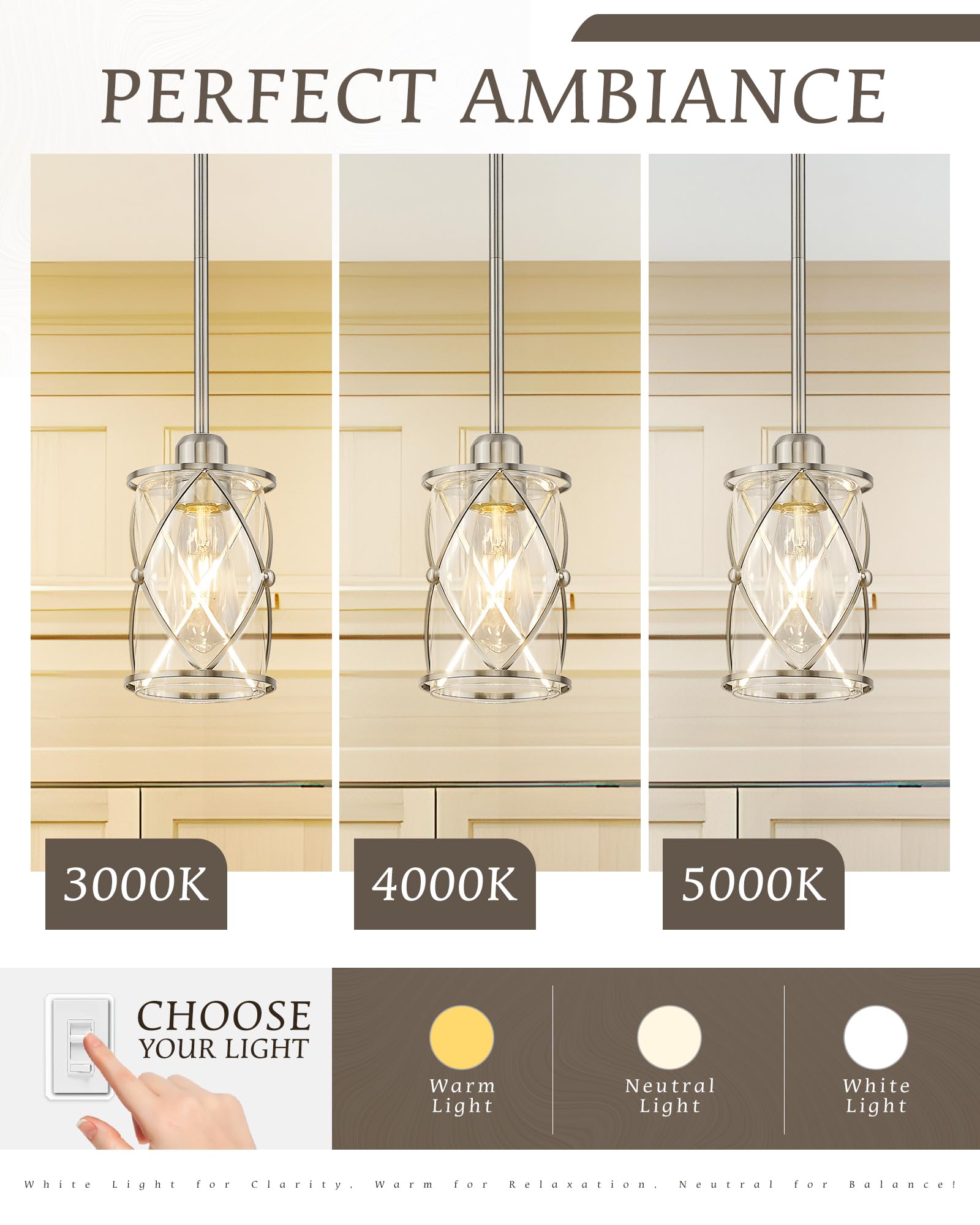 Osimir Brushed Nickel Pendant Lights Kitchen Island 3 Pack, Glass Kitchen Pendant Lighting Over Island With Rod, Modern Mini Han