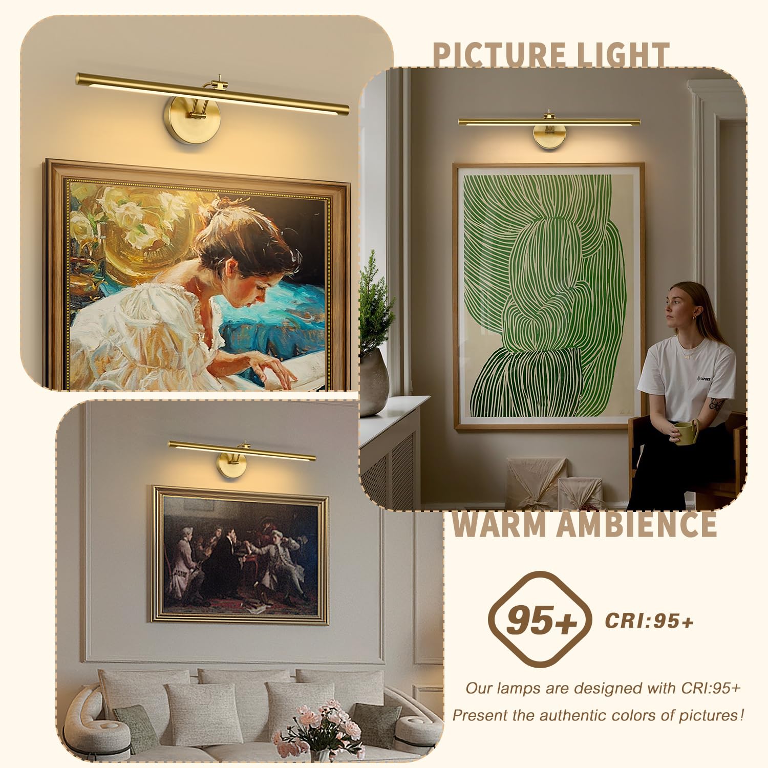 7Degobii Picture Light Dimmable Hard Wired 23.62 Inch Adjustable Swing Arm Brass Wall Lights For Pictures Led Display Light For