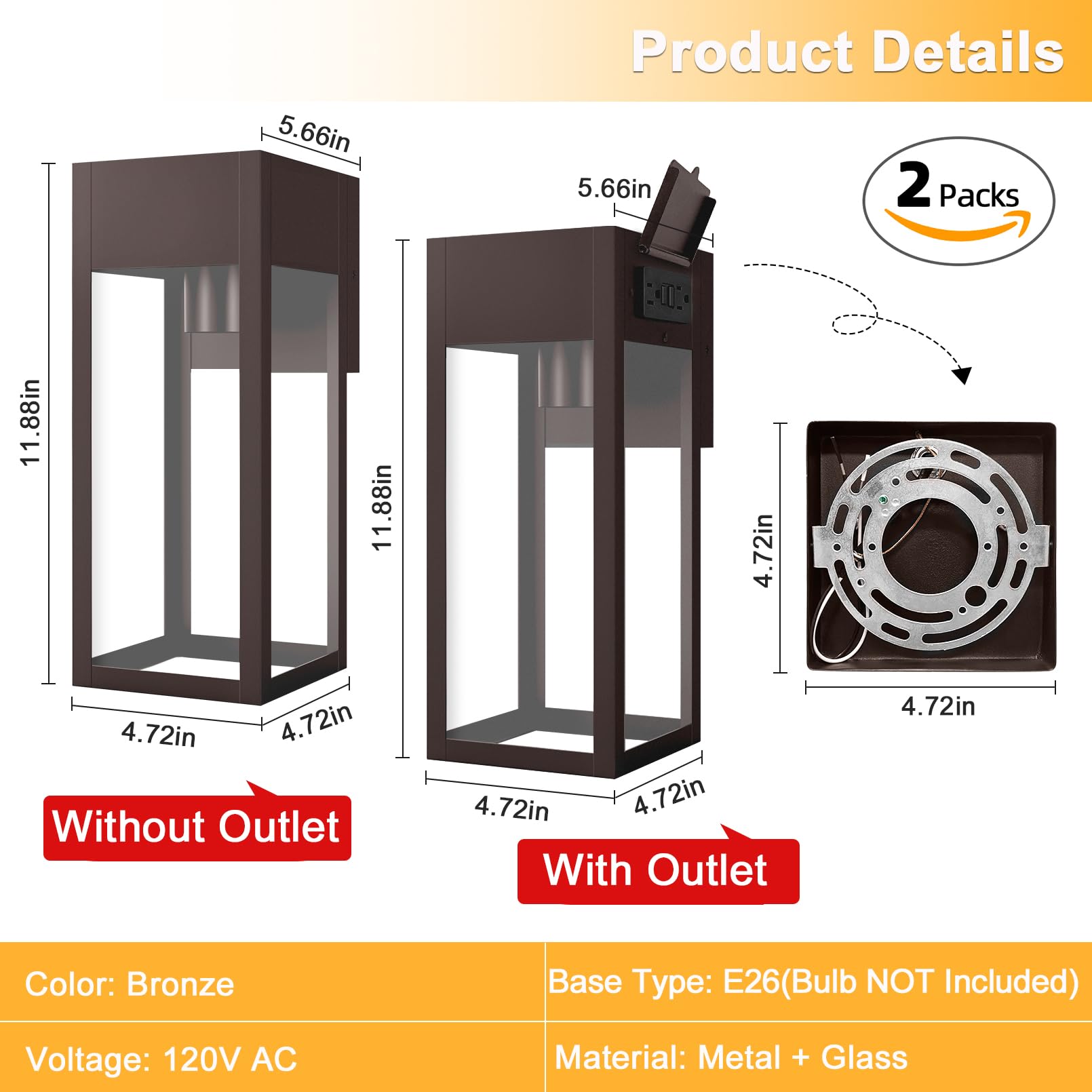 OYKYOHEI Outdoor Wall Sconce Lights, Waterproof Metal Lantern with GFCI Outlet, Oil Rubbed Bronze, No Sensor, 2 Pack