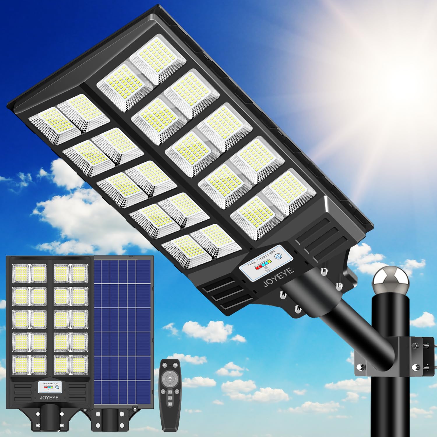 JOYEYE Solar Street Light 5200W, High Lumens 6500K, Aluminum, Black, Model 33BM04, Motion Sensor Dusk to Dawn with Remote Control