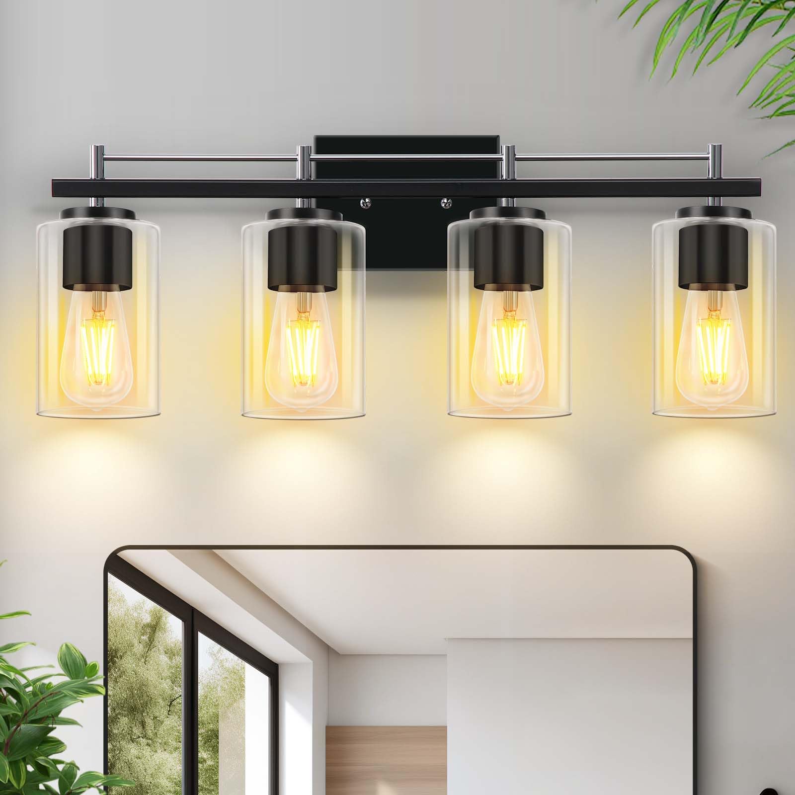 LWSOY 4-Lights Bathroom Light Fixtures, Modern Metal Vanity Light, 24 Inch, Black & Silver with Clear Glass Shade