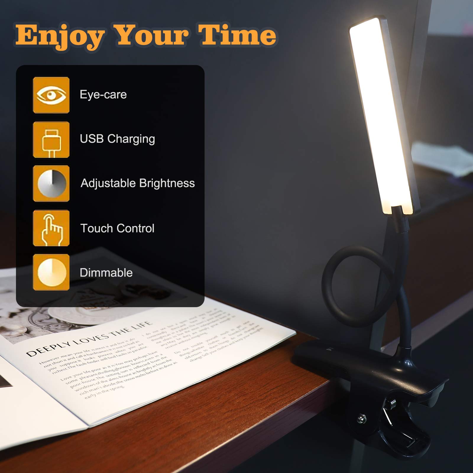 deaunbr LED Reading Light with Clip, USB Rechargeable, 24 LEDs, Flexible Neck, Black, Model WS0030-01-0