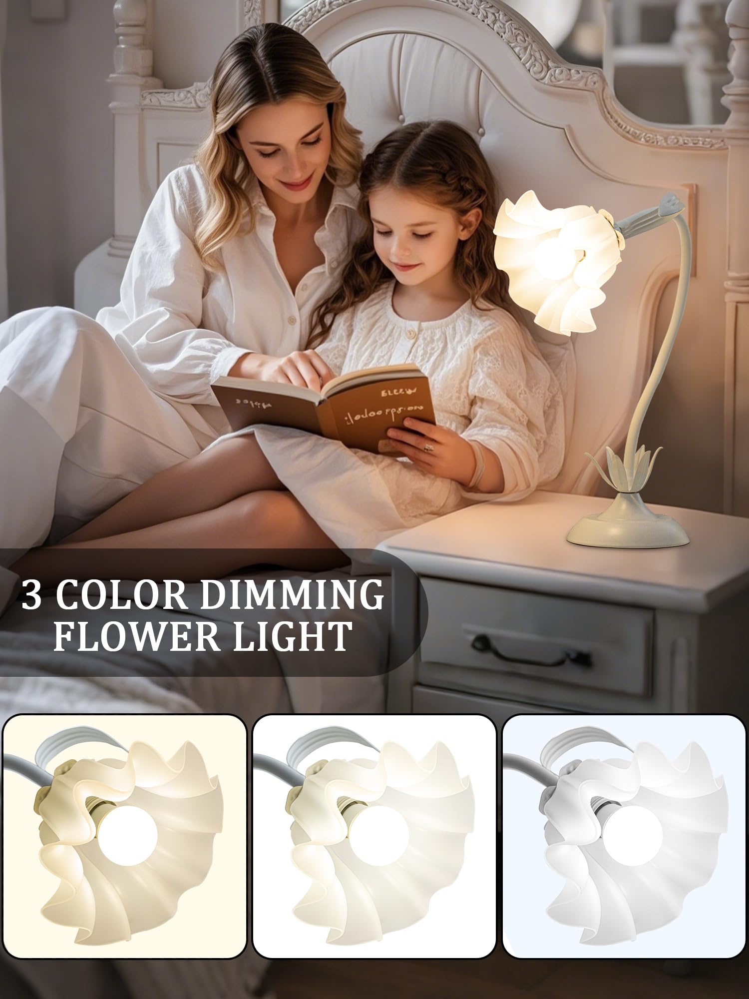 AQDZCNF Vintage Flower Table Lamp, LED Night Light, 3 Color Modes, White, Acrylic, Model MN-QBKR-AEJK-1-2