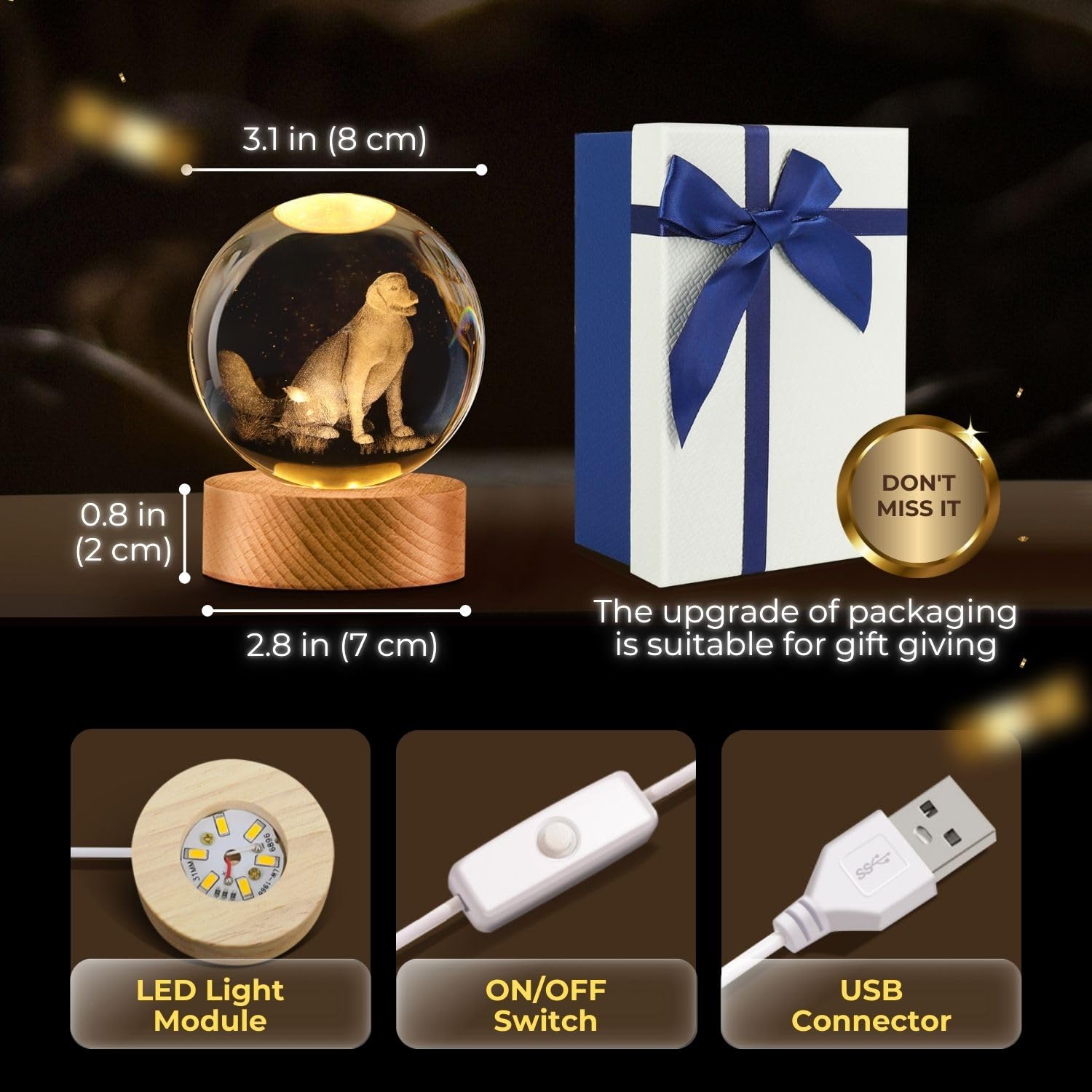 Flexzion 3D Dog Crystal Ball Night Light - Led Light Hologram Glass Lamp W/Solid Wood Base  Usb Powered Crystal Ball Lamp W/Adjustable Brightness For Home Decor Display Gift  3.15 Inch (80Mm)