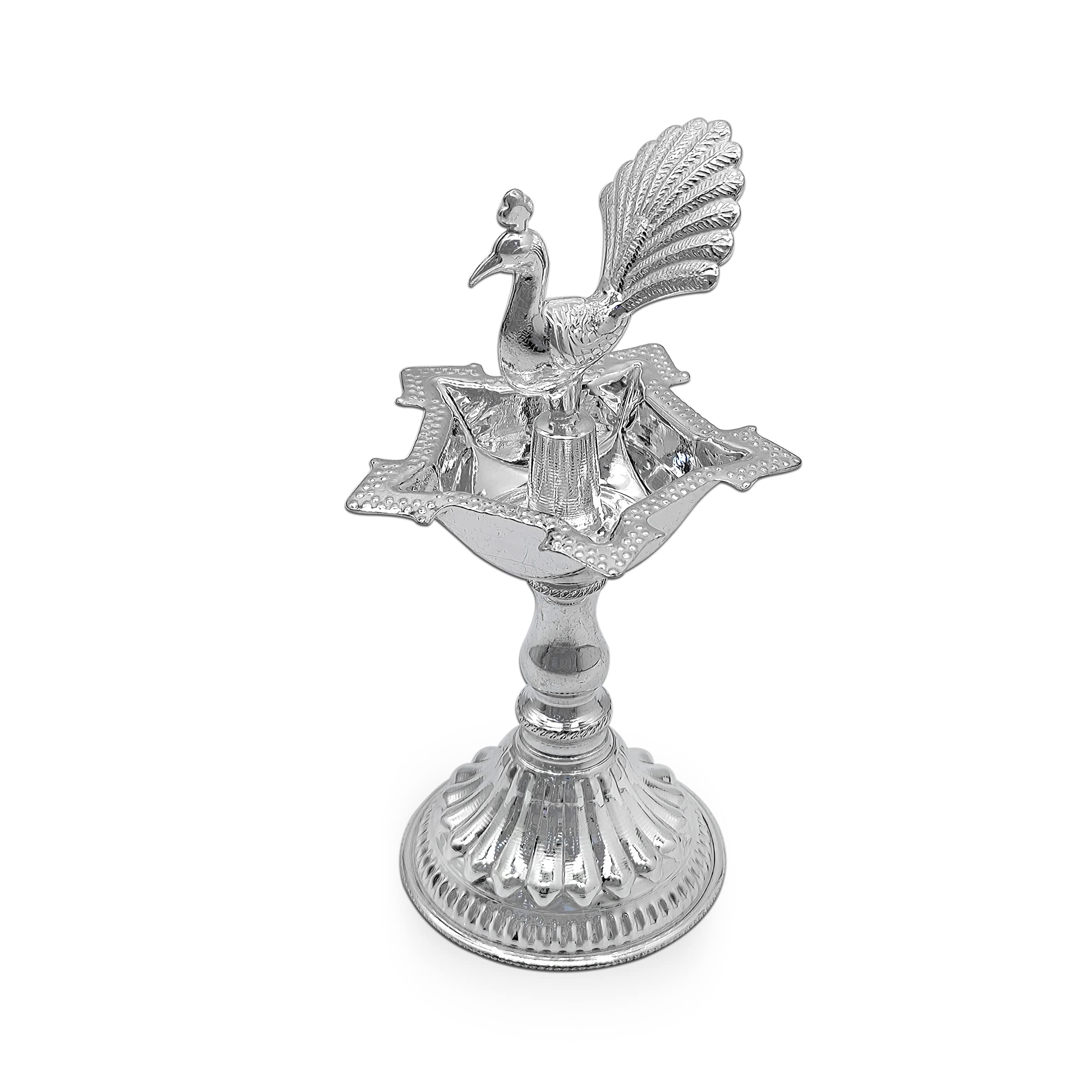MAA SILVER Pure Silver Diya/Lamp/Deepak with Beautiful Peacock Idol at Centre & Unique Design Perfect for Gifting and Pooja Use