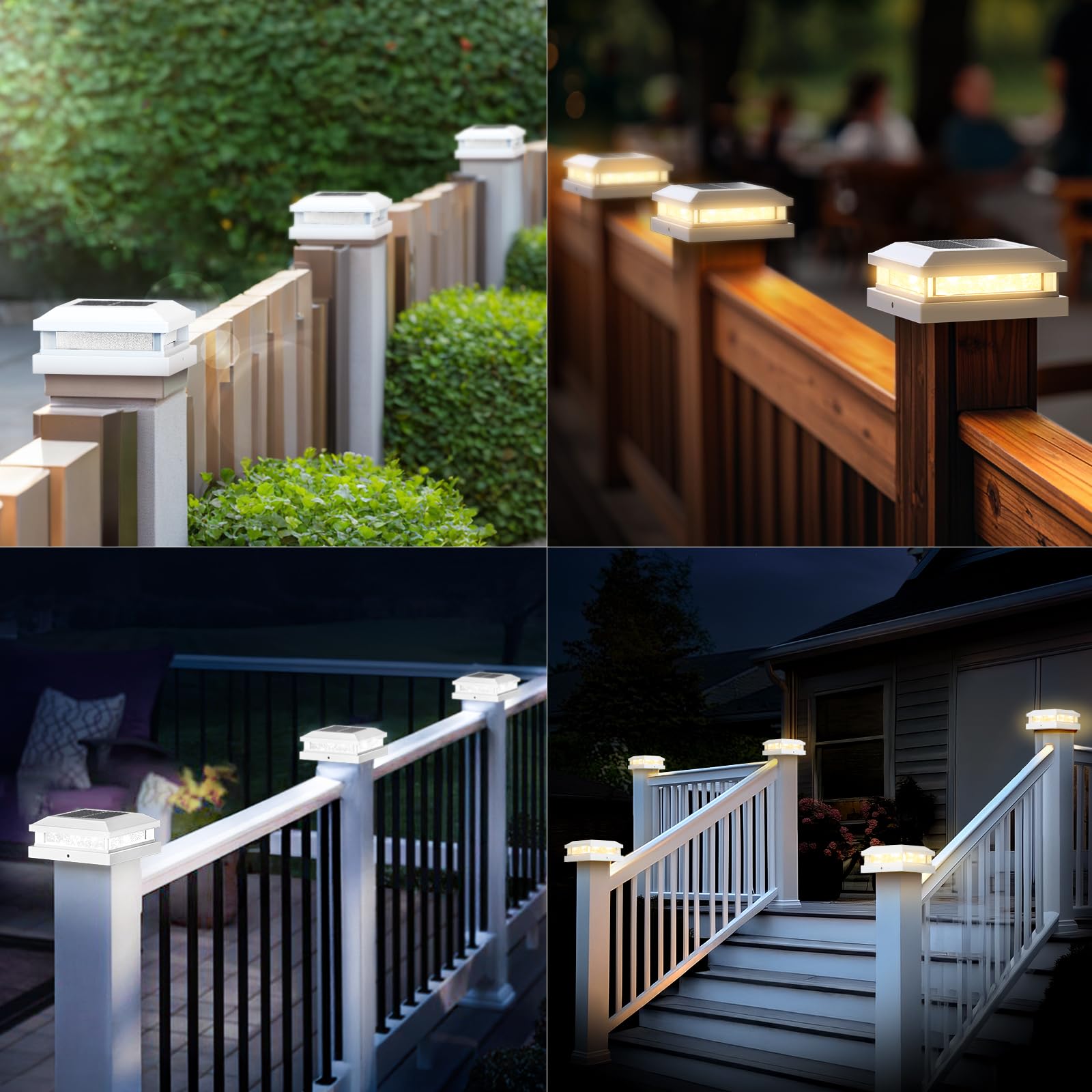 Solar Light Outdoor 4 Packs  Waterproof Solar Powered Post Cap Light For 4X4 4.5X4.5 5X5 Vinyl/Wooden Post With Warm/Cool Lighting  White 16Leds Deck Cap Lights For Outside  Garden  Patio  Porch