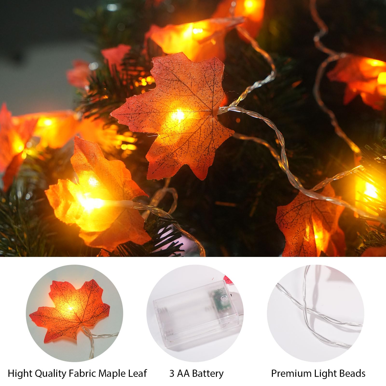 2 Pack Maple Leaf Lights, Thanksgiving Decorations For Home, Leaves Garland With Lights, Total 30Ft 60Led Fall Leaf Decor String Lights, Thanksgiving Christmas Halloween Decorations Indoor Outdoor