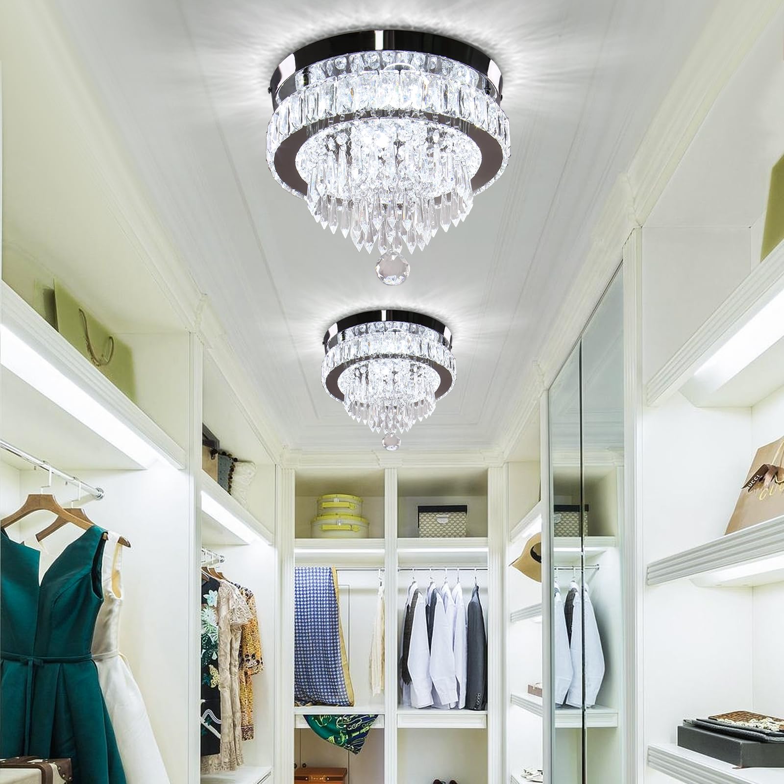 Cainjiazh 11.8" Modern Crystal Chandelier, Flush Mount Ceiling Light, Stainless Steel, Cool White, Model US-300DSJ