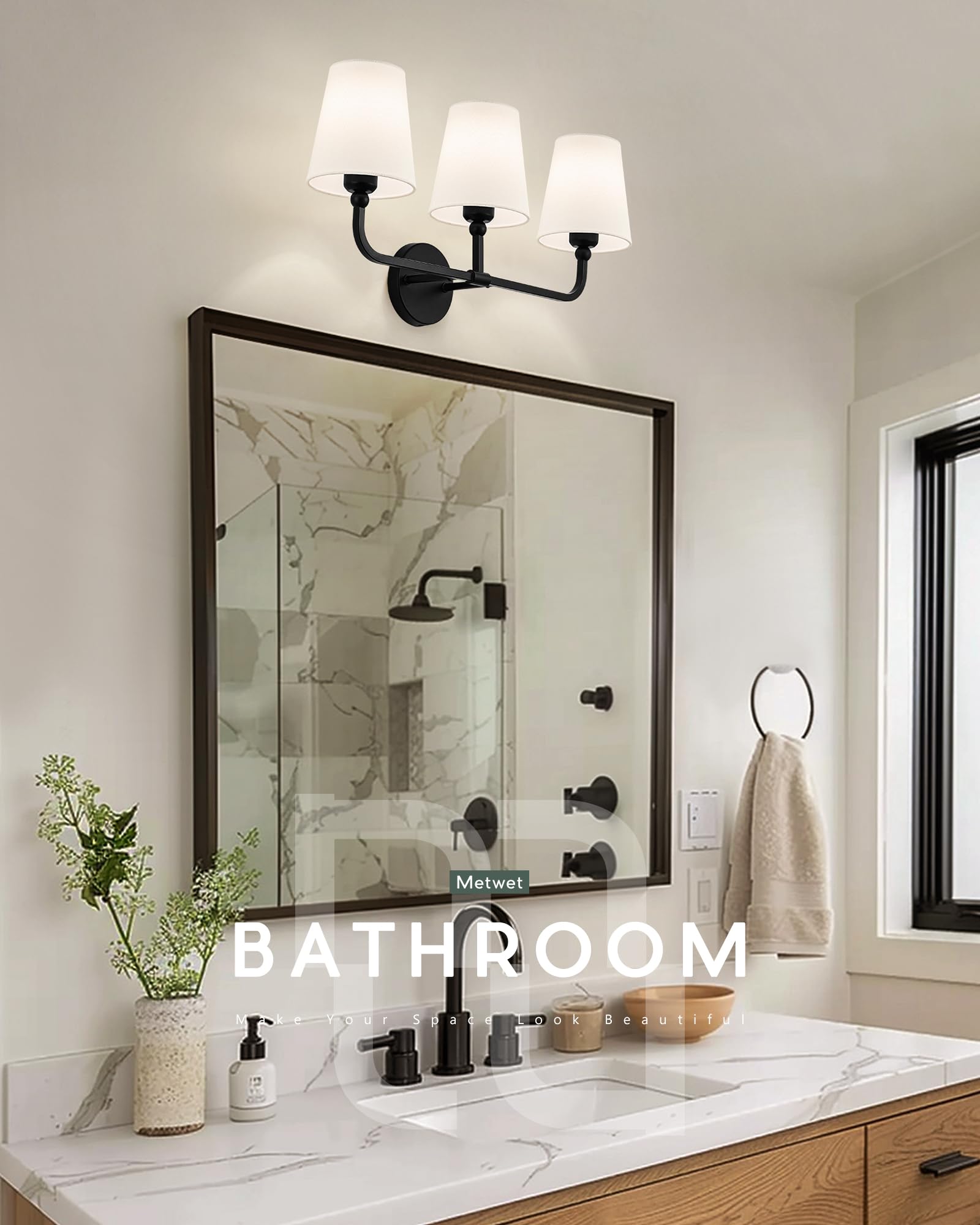 METWET 3-Light Bathroom Vanity Light Fixture, Matte Black Metal with White Fabric Shade, Model VL837-MB-3, Modern Wall Sconce for Hallway Bedroom