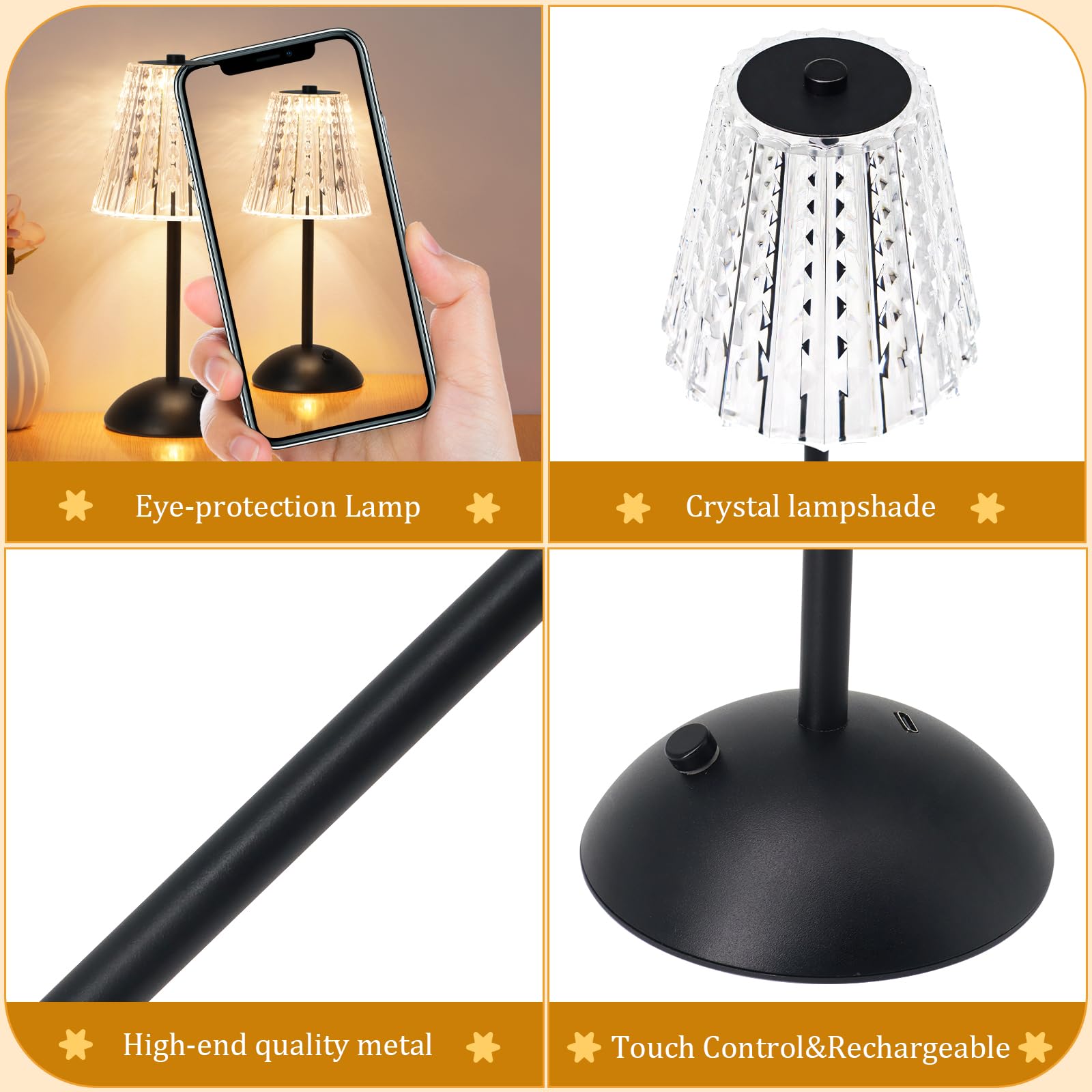 Nusogon Cordless Touch Table Lamp, 3500Mah Rechargeable Small Dask Lamp, 3 Colors Dimmable Battery Operated Crysta Lamp For Bedr