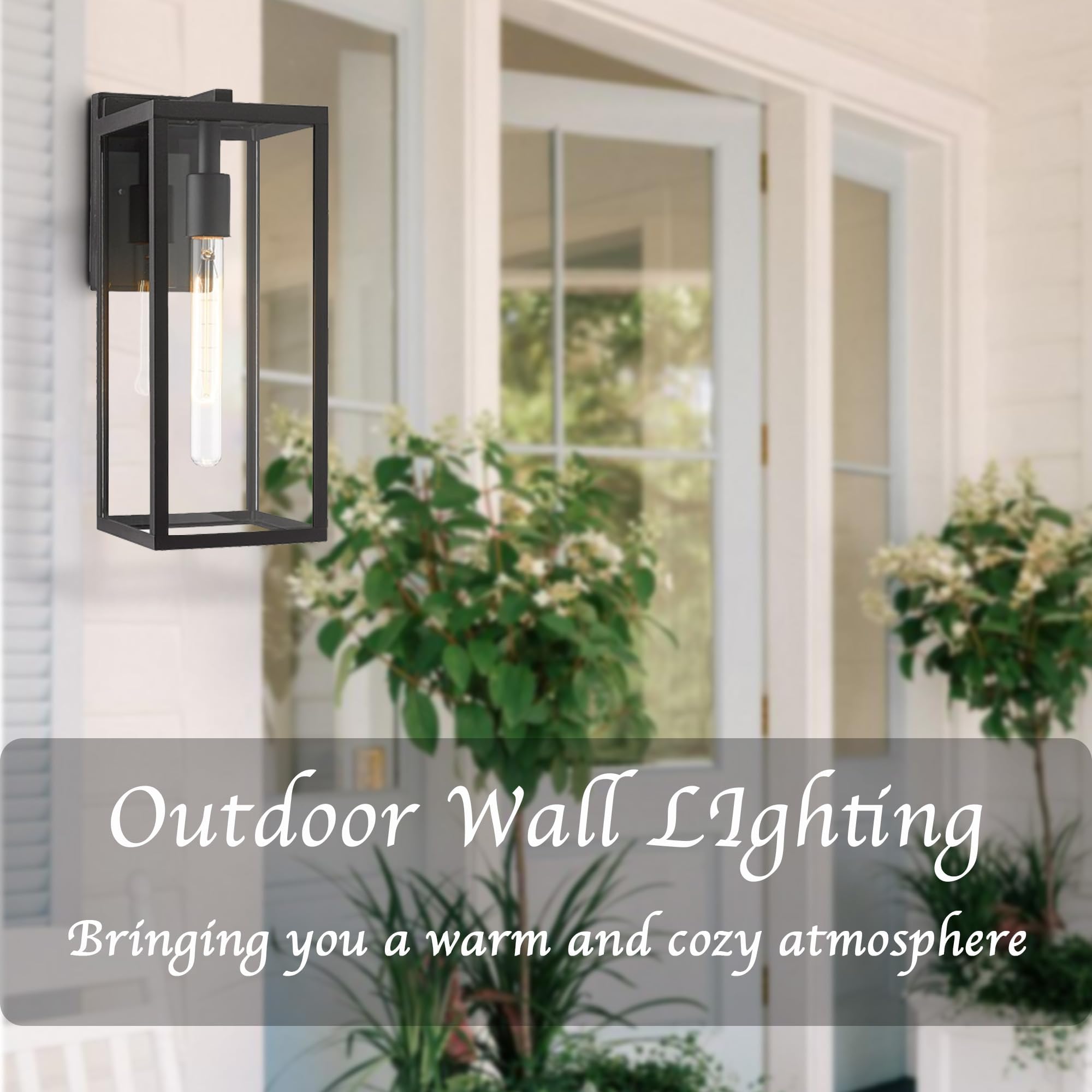 Bestshared Outdoor Wall Lantern, 15" Black Metal Sconce Light, Clear Glass, 2 Pack, Model 4176