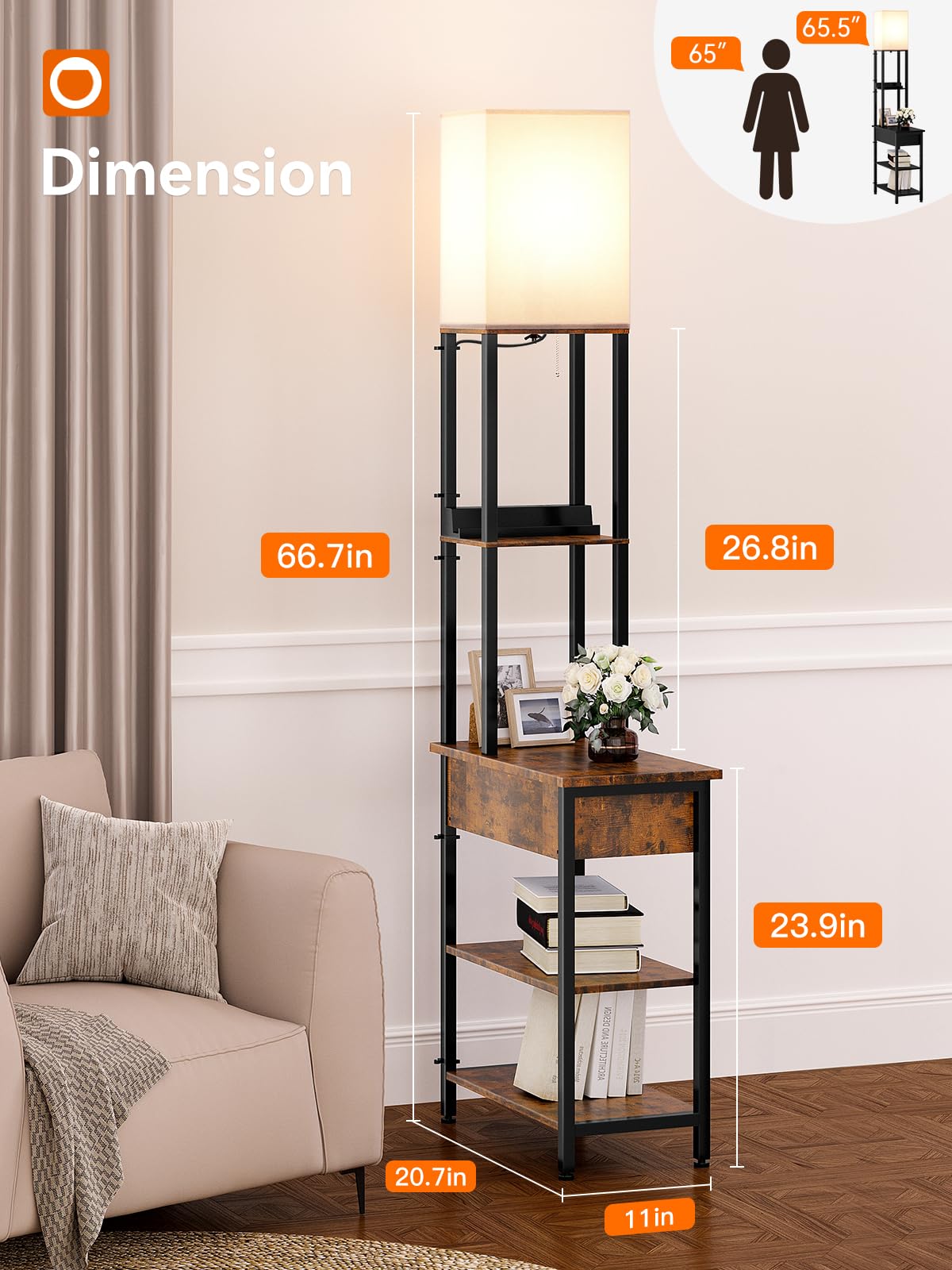 Addlon Floor Lamp With 2 Usb, 1 Outlet And Flip-Top Storage Cabinet, 3Cct Led Bulb, Sofa Lamp With White Lampshade, Display Floo