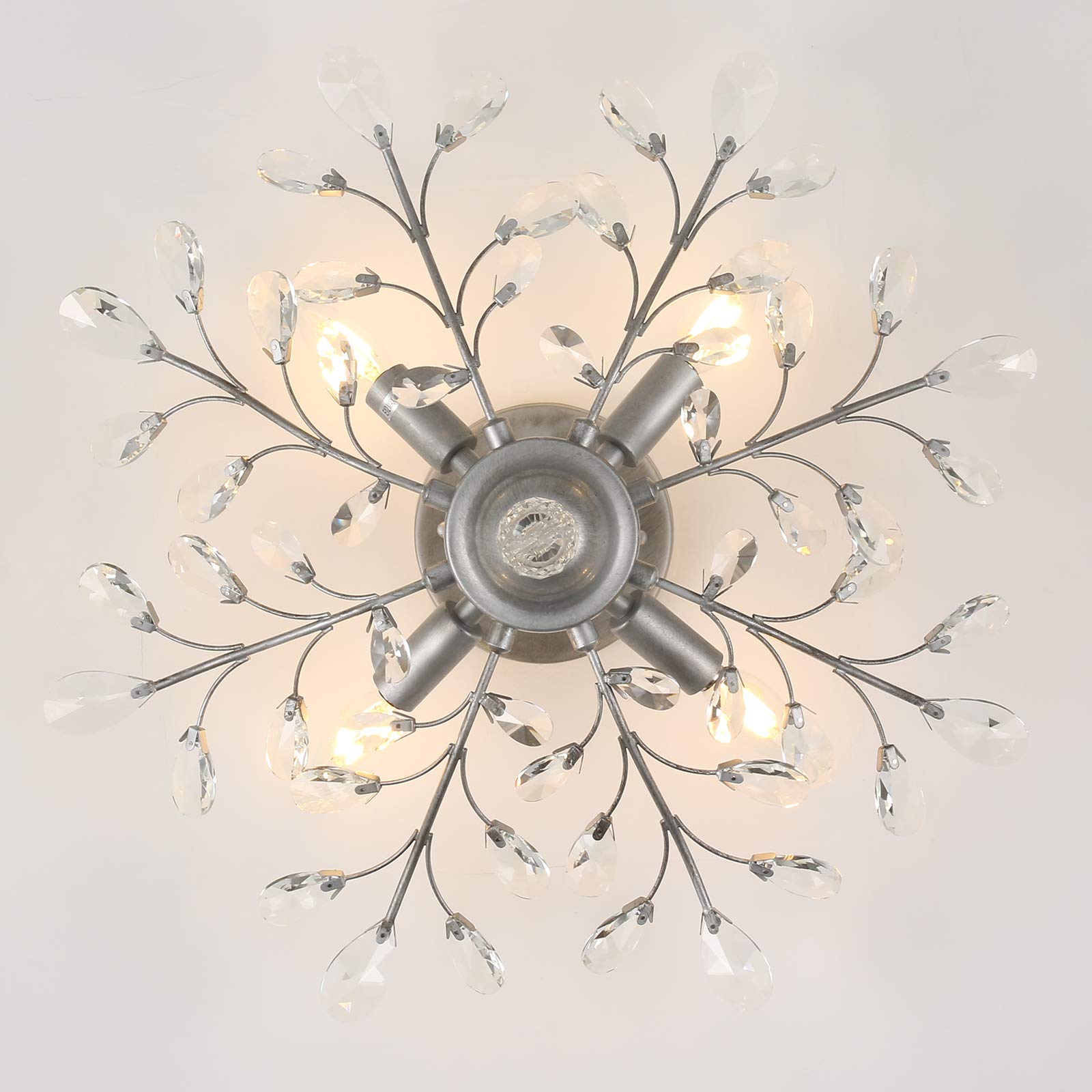 SEOL Flush Mount Ceiling Light, Crystal, 4-Light, 160W, 24.5in Dia, Silver Grey, Small Size, Model SLP1801PAPA