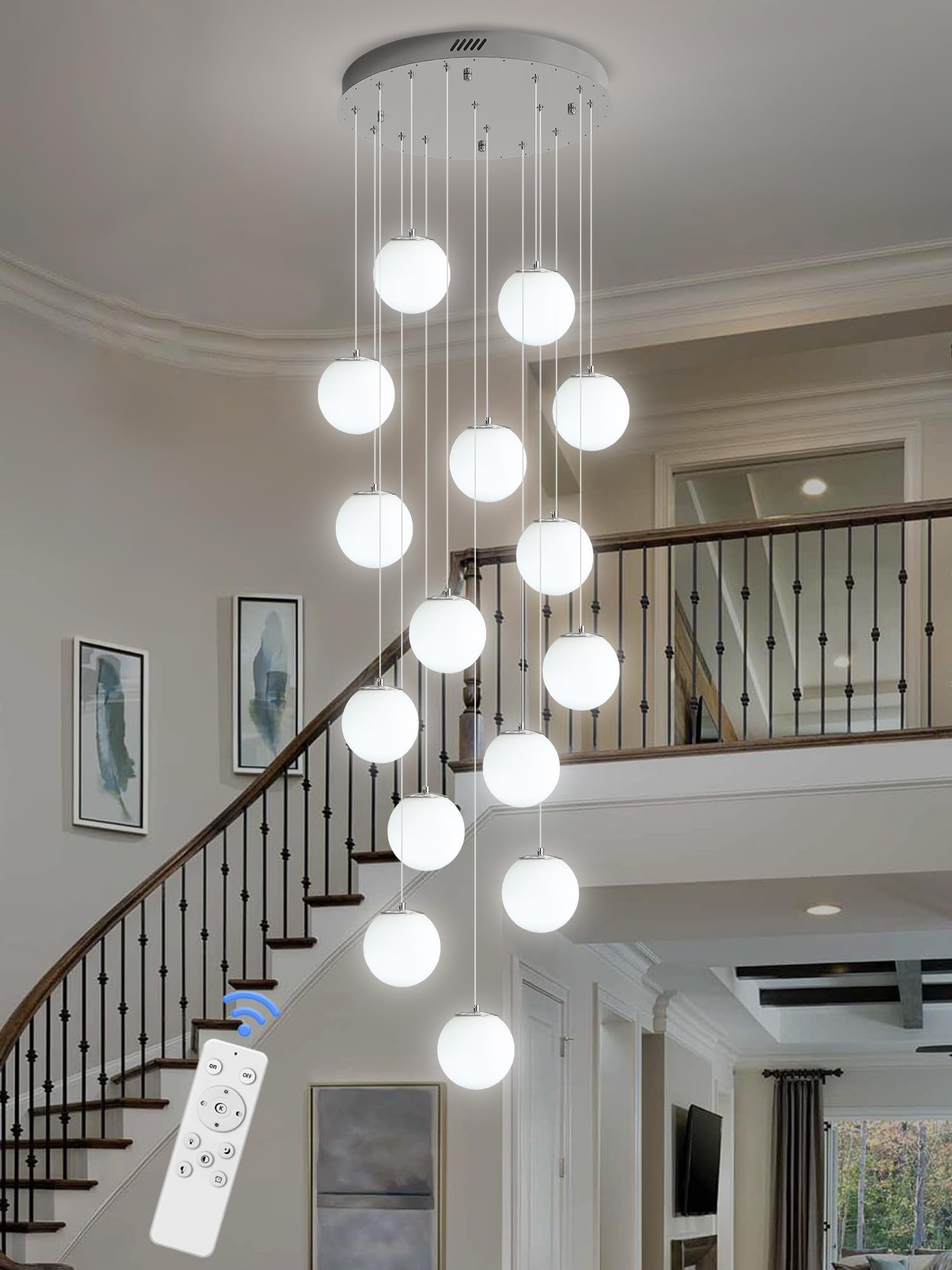 Ykolupty 15-Light Large Chandelier With White Globe Glass Dimmable Ceiling Light Glass Pendant Light For Kitchen Island, Dining
