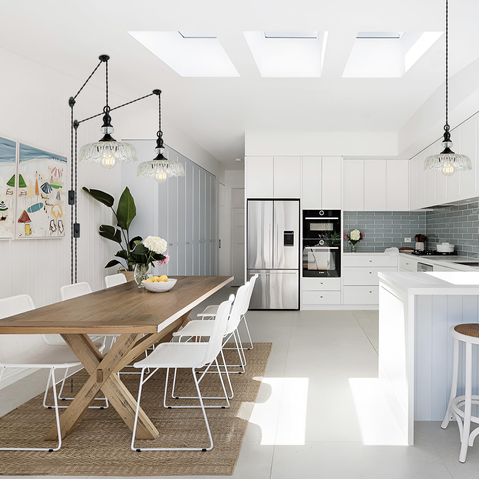 Cvkash Plug In Glass Pendant Light Fixture Black Vintage Adjustable Chandelier Hanging Ceiling Light For Farmhouse Hallway Bedro