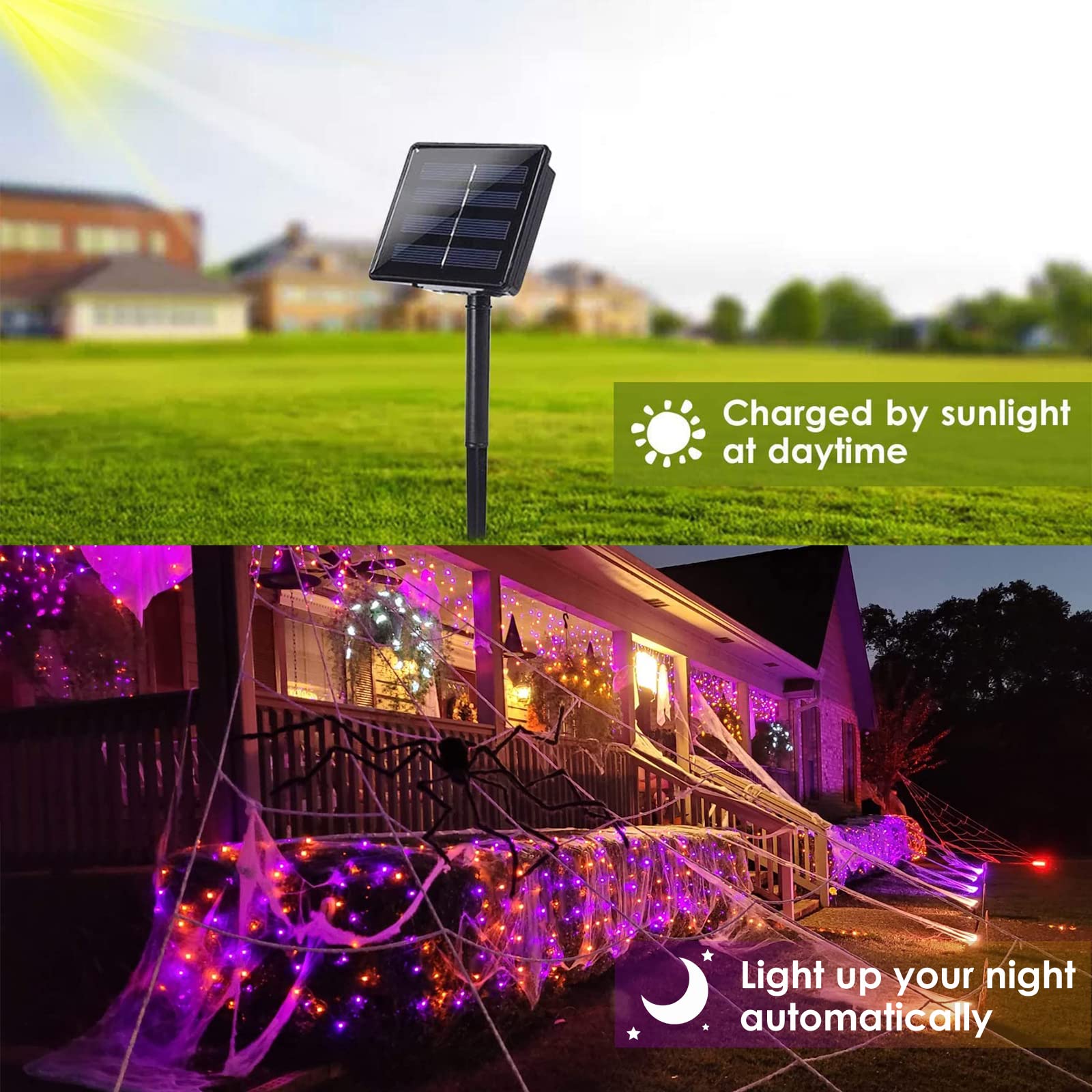 BHCLIGHT Solar String Lights, 200LED, 80FT, Waterproof, Purple & Orange, 8 Modes, Halloween 2 Pack