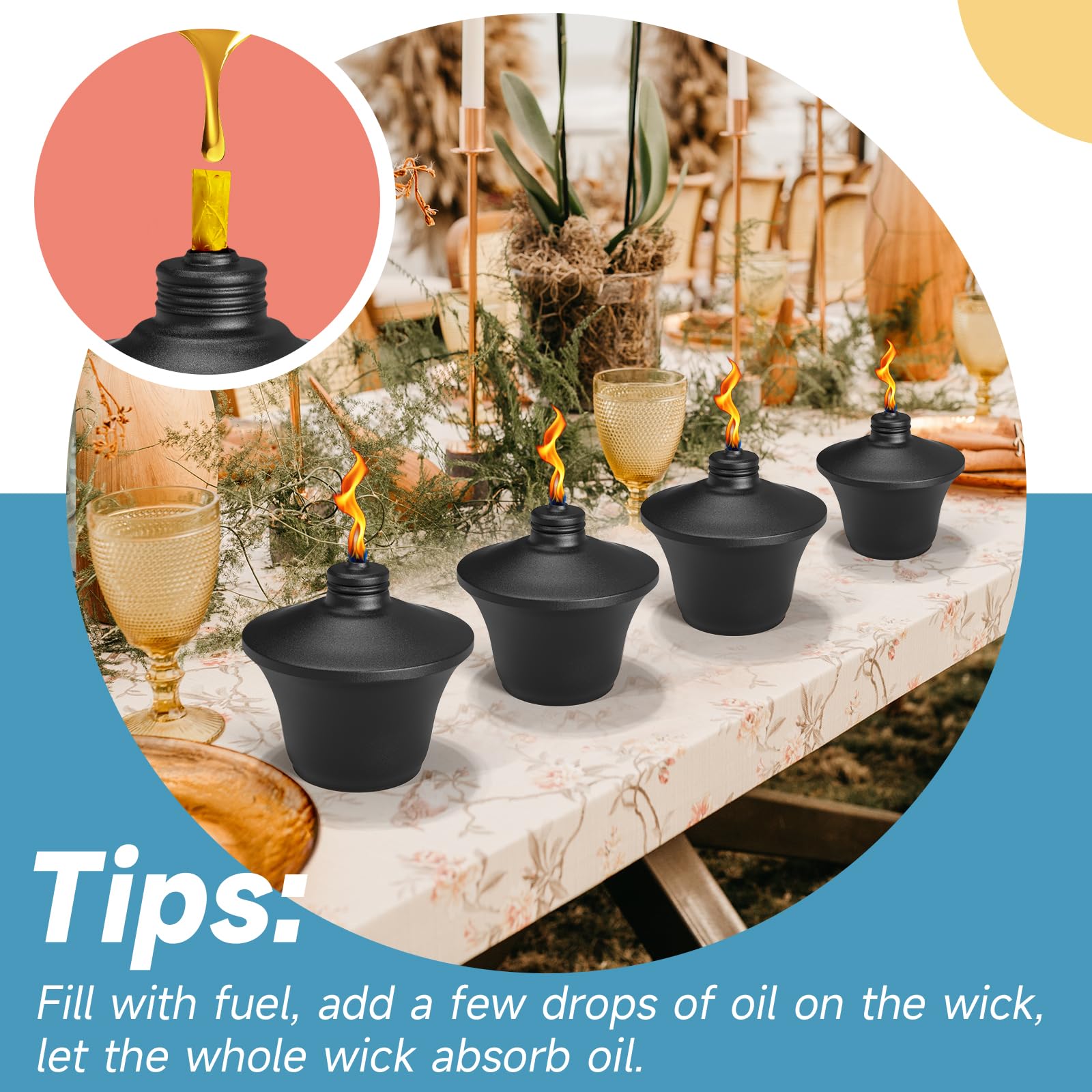 FALBAWR Citronella Tabletop Torches, 14.5 oz Metal Oil Burners, Black, 4-Pack, Fiberglass Wick for Outdoor Use
