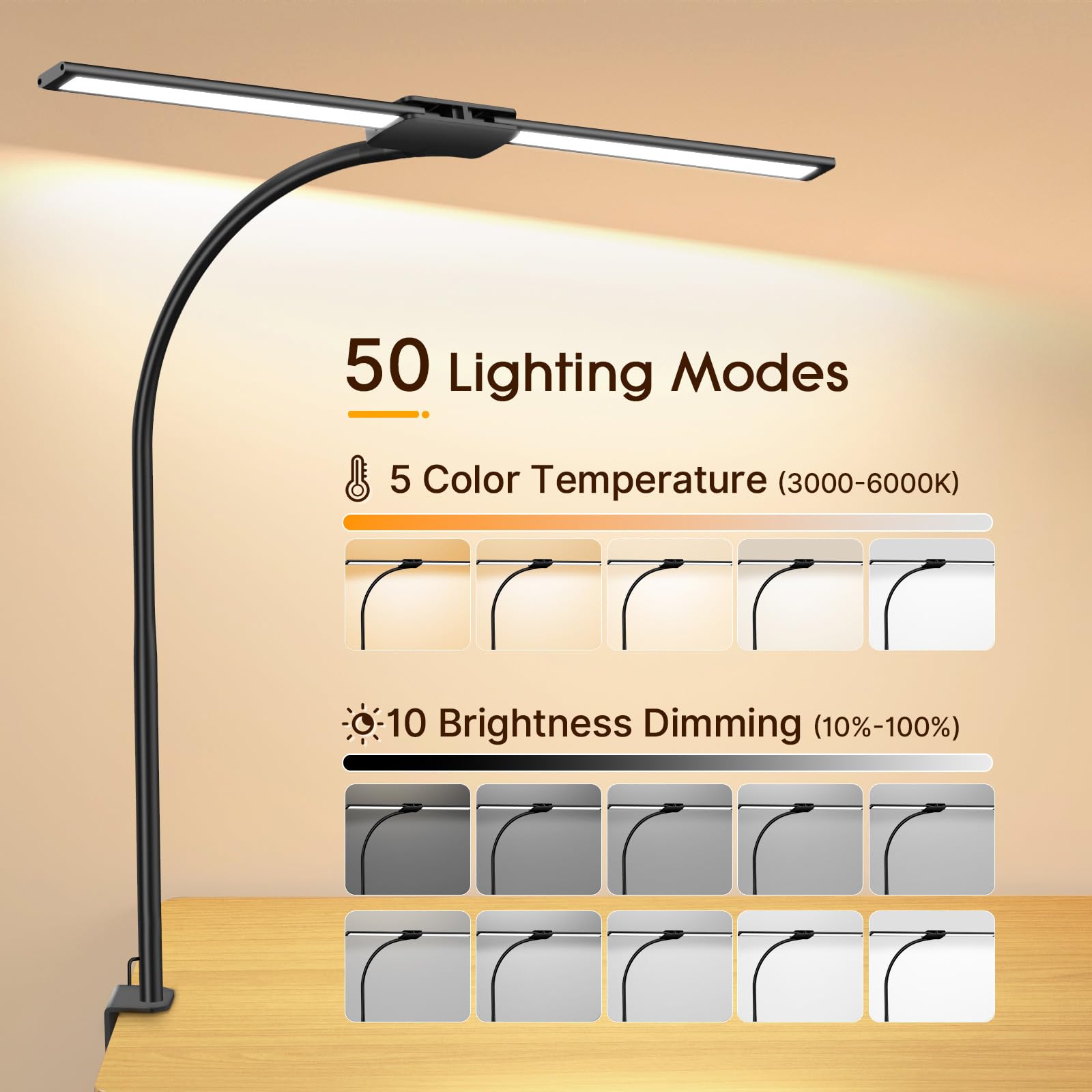 Syrinx Desk Lamp With Clamp, Double Head Desk Lamps For Home Office With Gesture Sensor Switch, Eye-Caring Led Desk Lamp With Fl