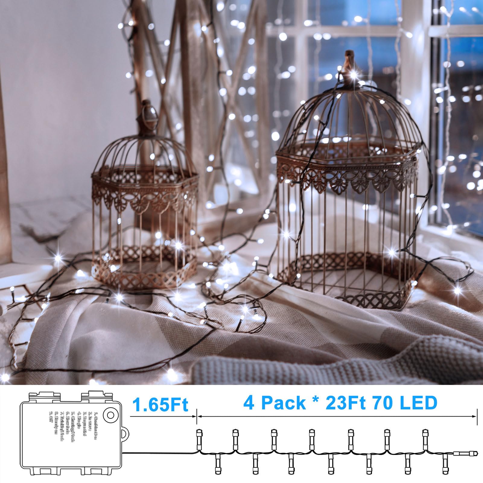 4 Pack String Lights Battery Operated, Each 23Ft 70 Led Christmas Lights With Timer 8 Modes Twinkle Fairy String Lights For Indo