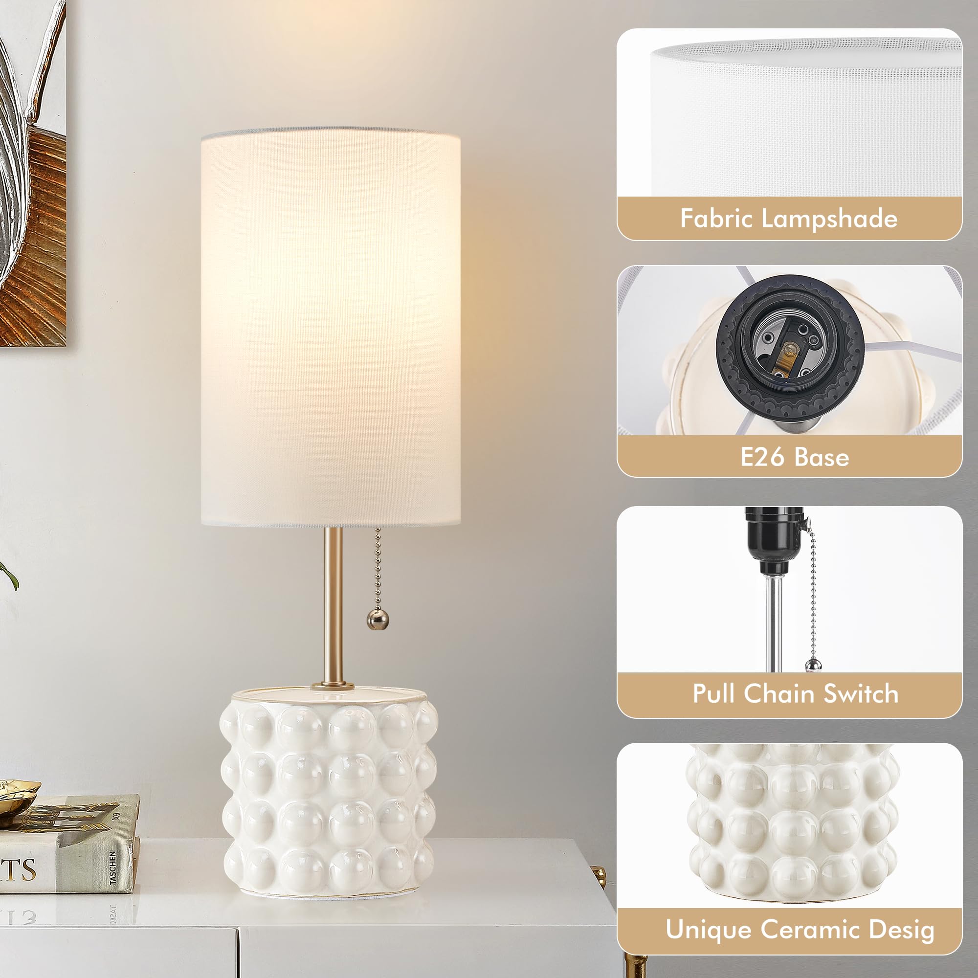 GyroVu Ceramic Table Lamp Set of 2, Modern White Nightstand Lamps with Fabric Shade, Ideal for Bedroom, Living Room, Office, 2 Bulbs Included