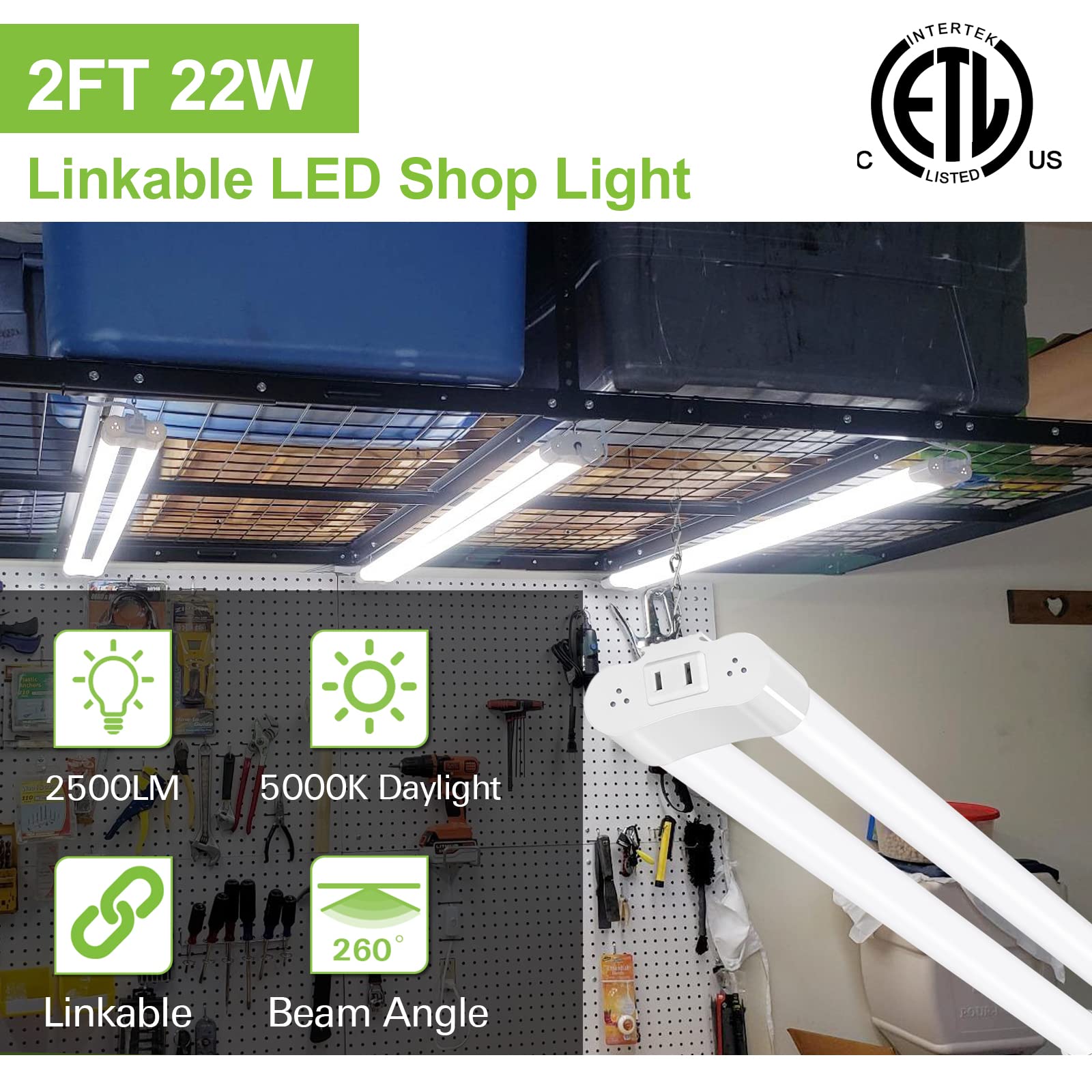 Hykolity 4 Pack LED Shop Light, 2FT 22W, 2500lm, 5000K Daylight, White, Utility Fixture, Model SL22W5KD