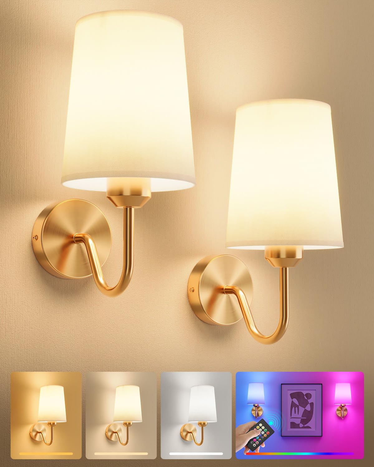 Ouyulong Battery Operated Wall Sconces Set of 2  Wireless Rechargeable Dimmable Wall Light with RGB Bulb and Remote for Bedroom  Living Room  Hallway (Gold)