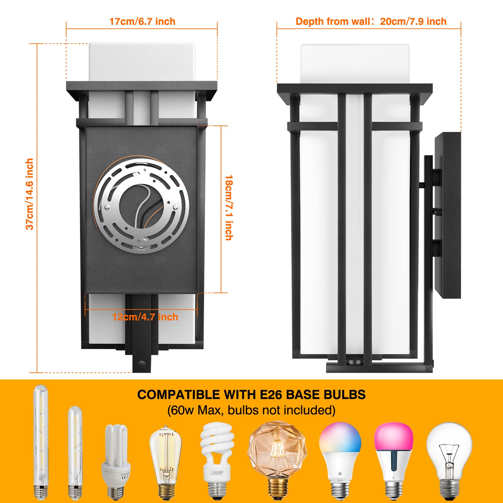 Yoenecea Outdoor Wall Lights, Modern Aluminum & Frosted Glass, 14.6''H, Black, Model YX-BD01, Ideal for Porch, Garage, Patio Lighting