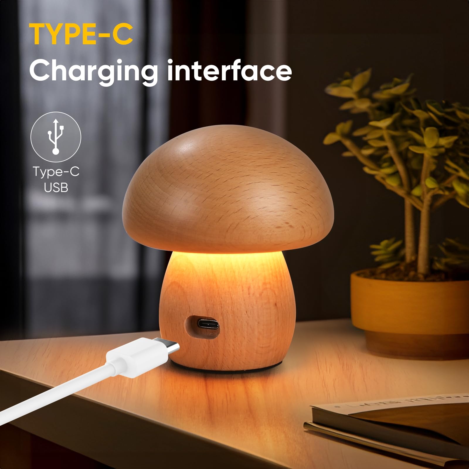 Lonrisway Wooden Mushroom Lamp, Portable Cordless Small Lamp, Rechargeable Battery Operated Lamp,Stepless Dimming, Night Light For Birthday Gifts, Brown