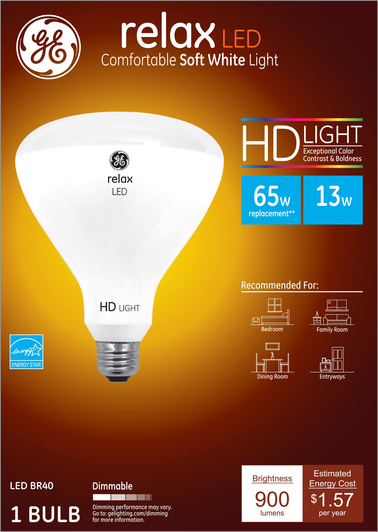 Ge 68438 Led Relax Hd 13 (65-Watt Replacement), 900-Lumen R40 Light Bulb With Medium Base, Soft White, 1-Pack, 1 Count (Pack Of 