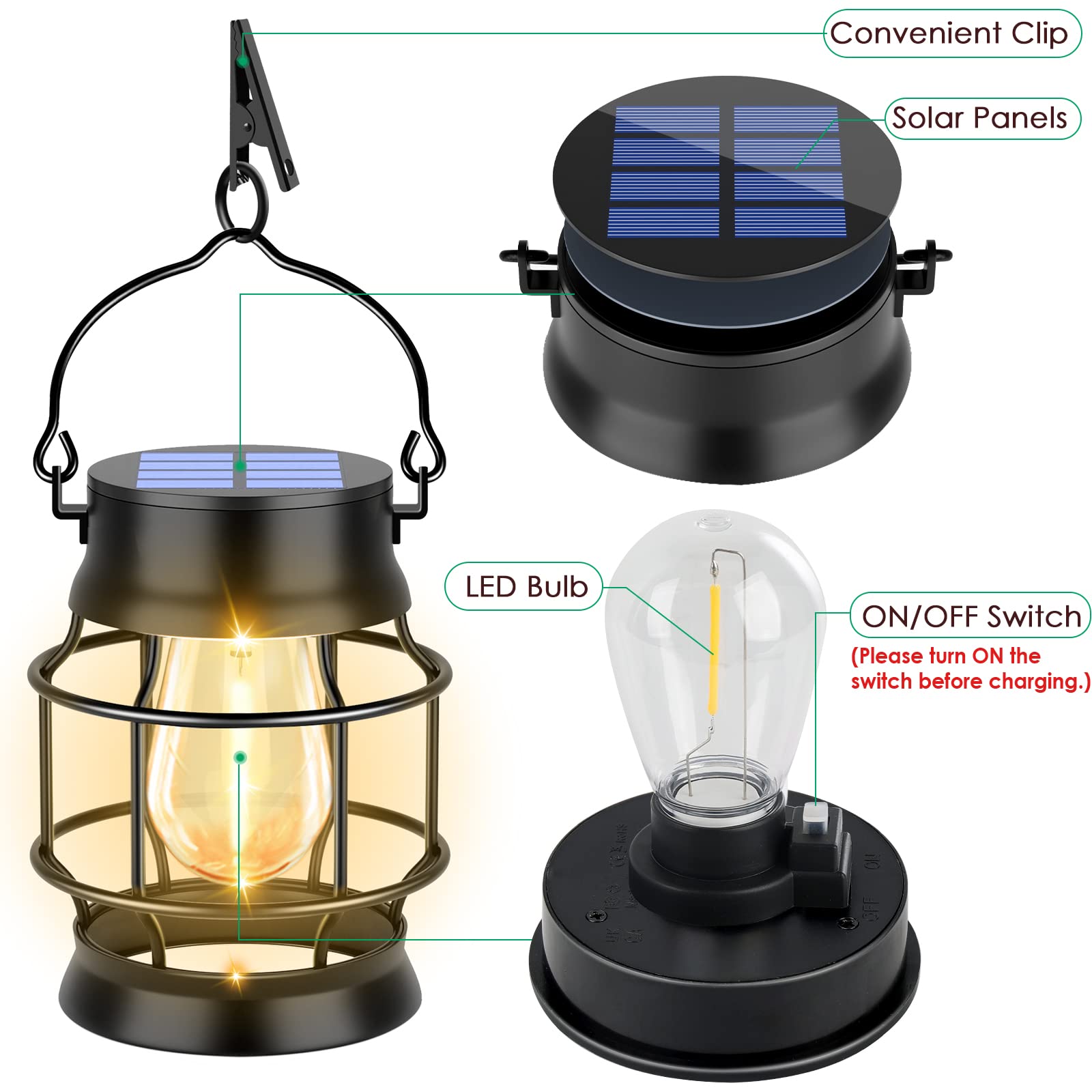 Ubright 2 Pack Solar Lantern Lights Outdoor Waterproof Metal Hanging Solar Lights For Outside Retro Design With Edison Bulb Deco