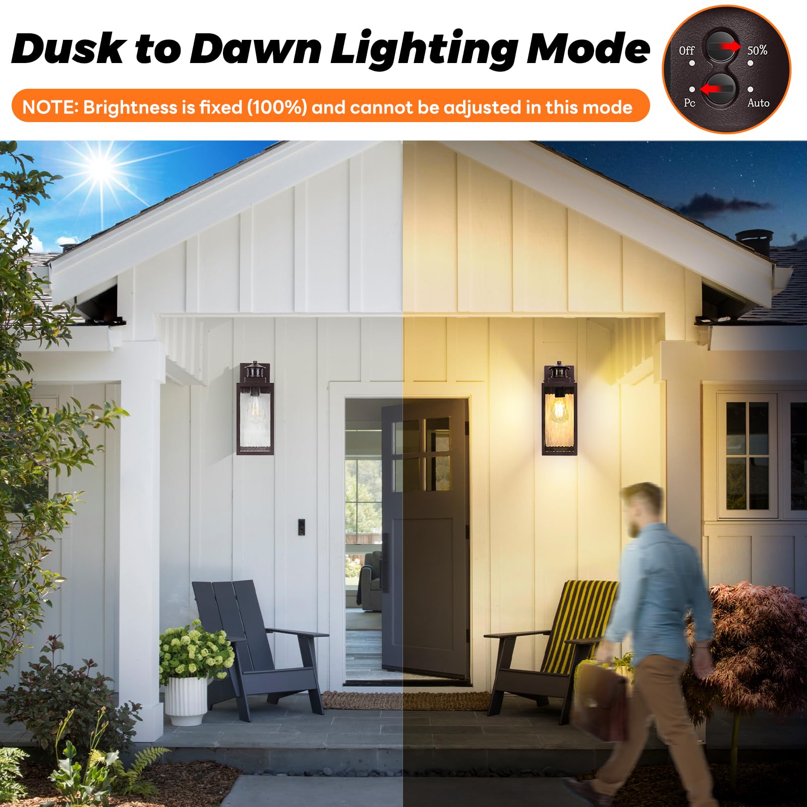 13.6'' Motion Sensor Outdoor Wall Sconce Lantern, Exterior Waterproof Wall Lights Fixtures With Water-Rippled Glass, Brown Outsi