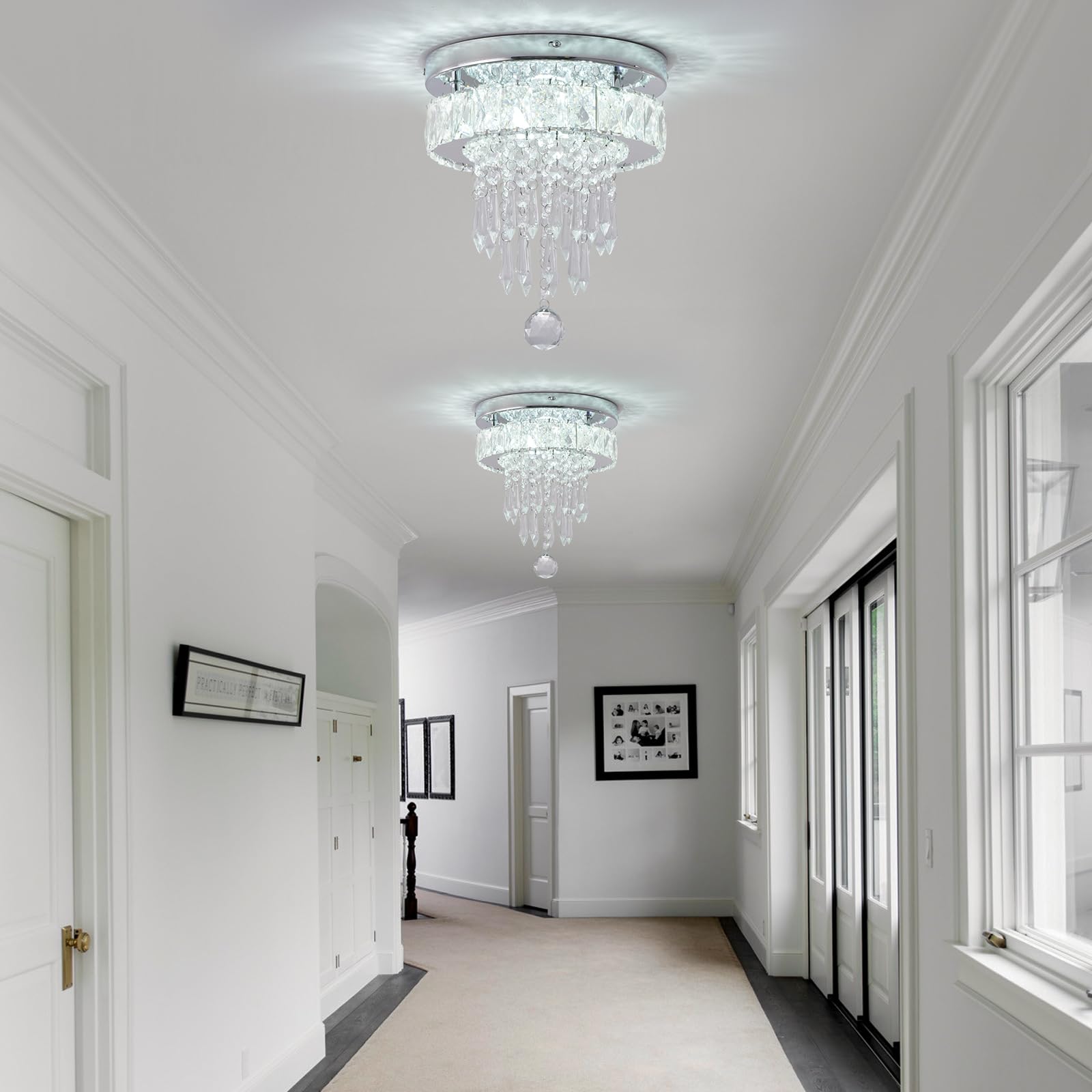 LEONTYNE 9.8" Small Flush Mount LED Crystal Chandelier, K9 Crystals, Steel Frame, 6000K Cool White, Model MC001-Cool