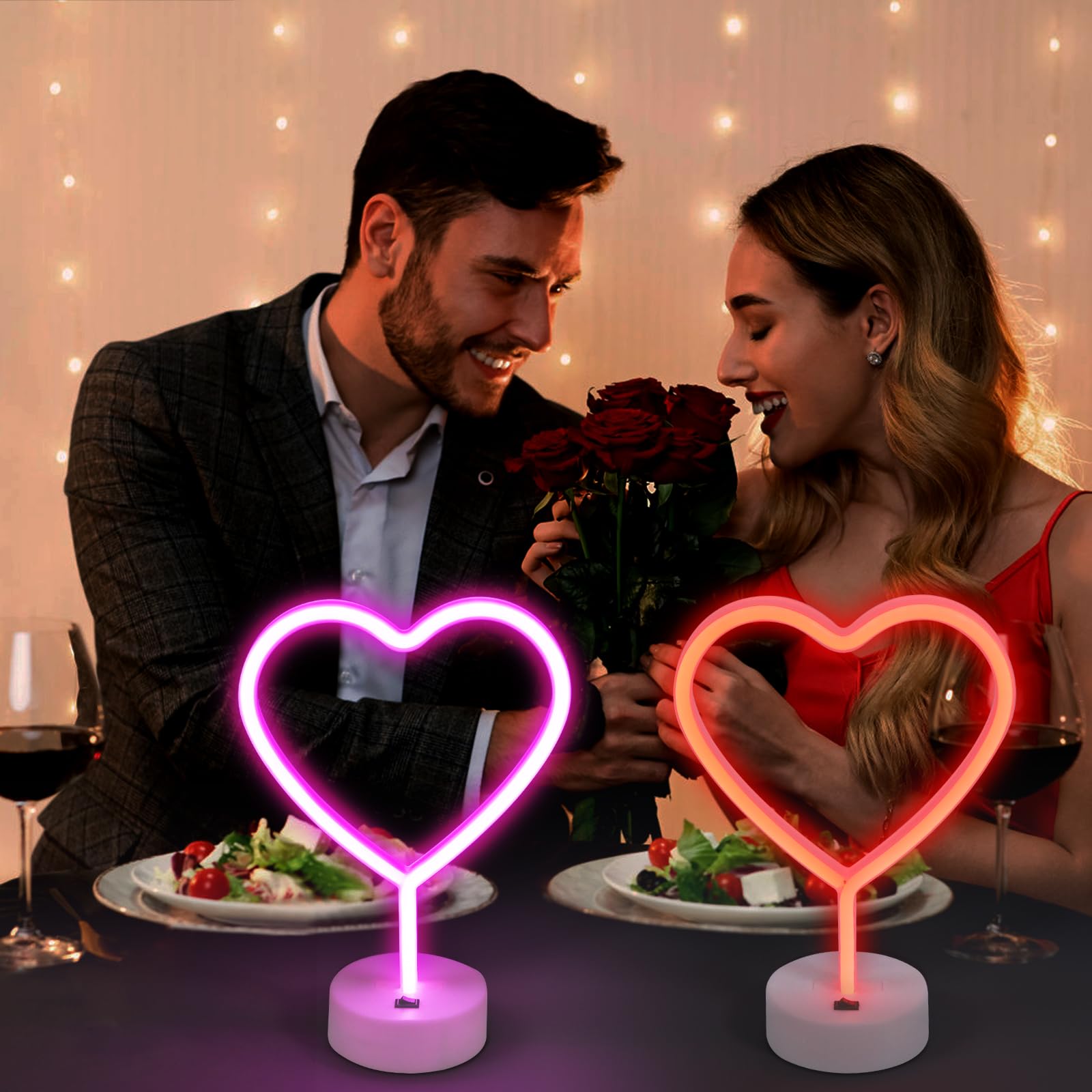 BRIGHTDECK 2 Pack Heart Neon Signs - LED Pink & Red Lights, Battery/USB Powered, Valentine's Day Decor, Wedding & Party Lamp