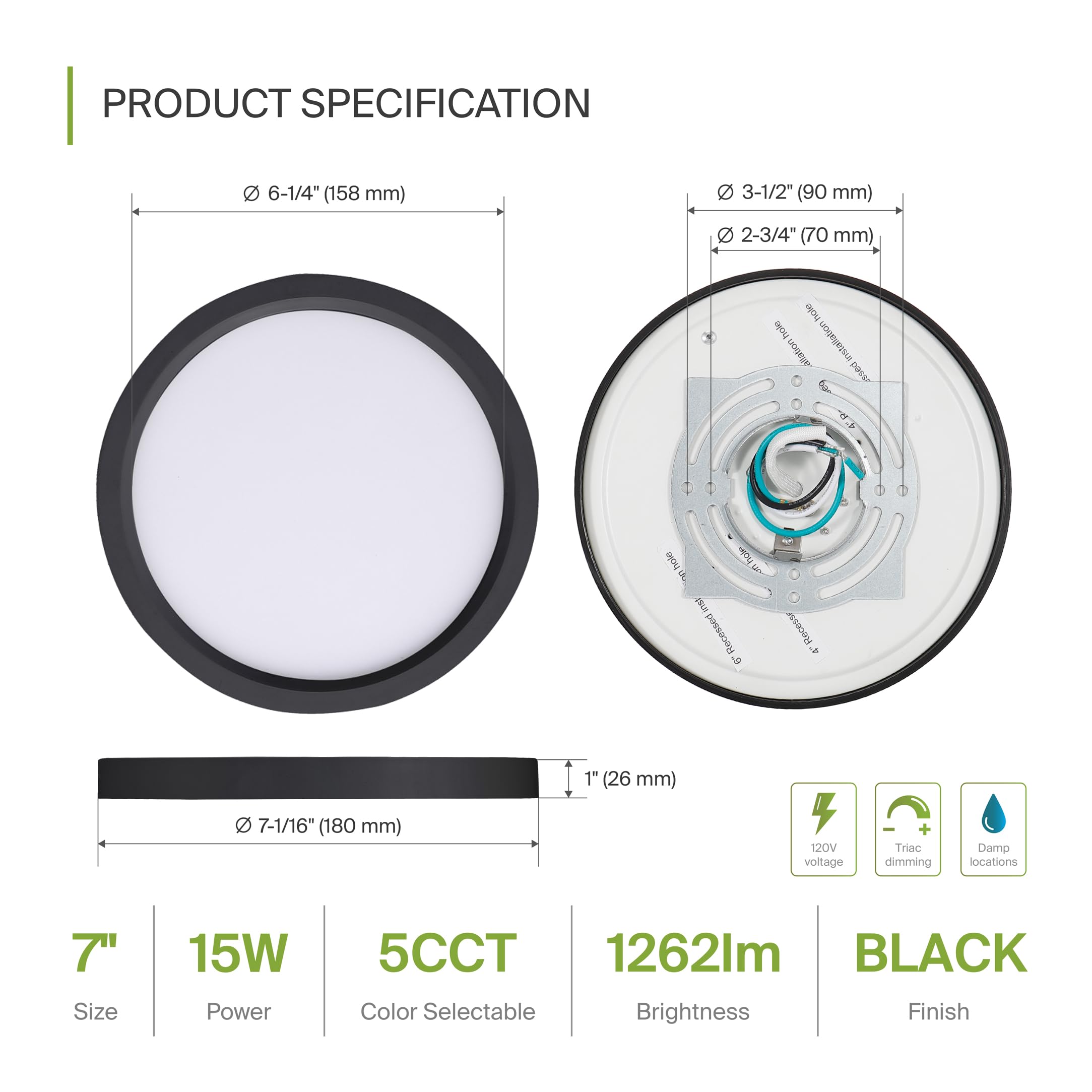 Asd Led 7 Inch Round Flush Mount Ceiling Light Fixture | 15W 1260Lm 2700-6000K 120V | 5Cct, Dimmable, Ultra Slim, Etl Listed | T