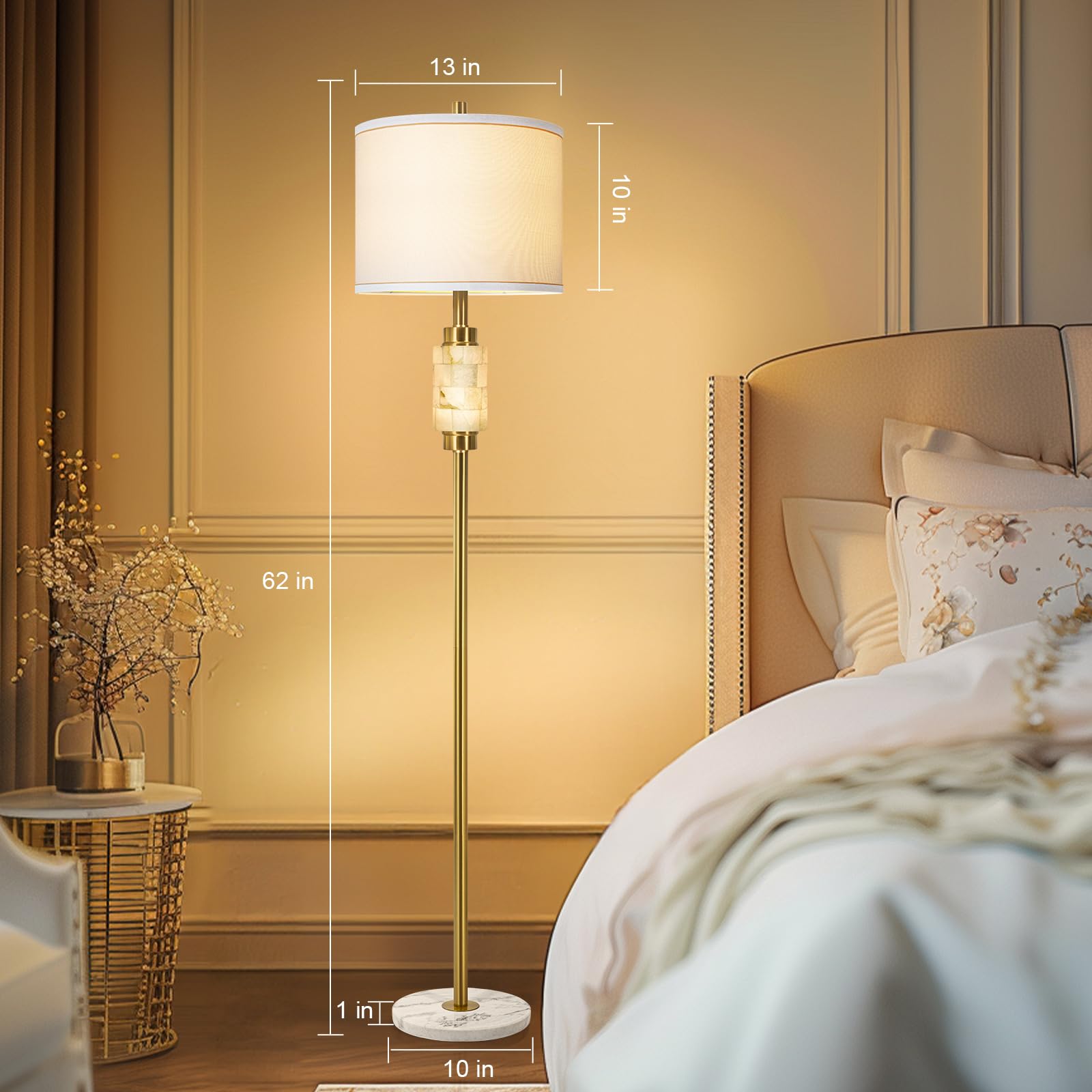 KIVDITZO Rustic Floor Lamp with Night Light, Marble Base, White Linen Shade, Gold Finish, Tall Design for Living Room, Bulb Included