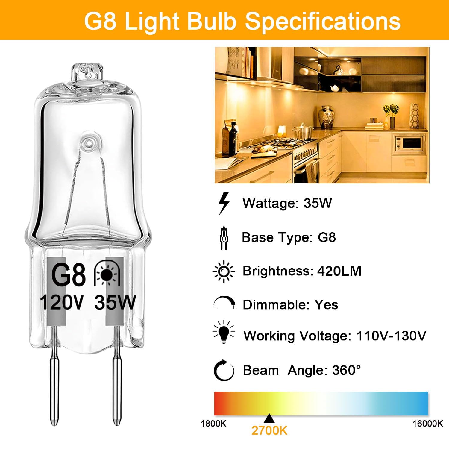 G8 Halogen Bulb 35W 120V T4 Jcd Type G8 Base Bi-Pin Xenon Light Bulbs, Dimmable With Long Lasting Lifespan, G8 Halogen Light Bul
