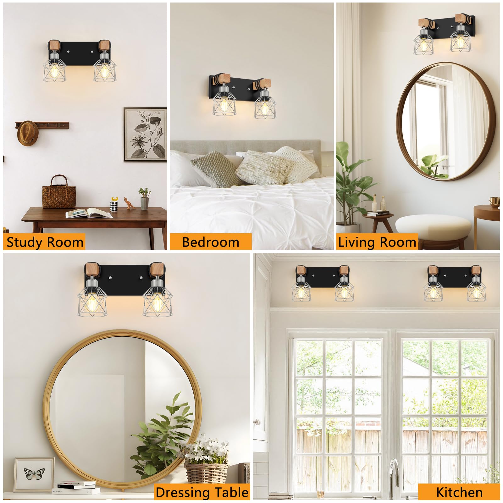 FadimiKoo Rustic 2-Light Bathroom Vanity Fixtures, Black & Silver Metal Shade, Wood & Metal, Model BS-XLZ-2 Lights