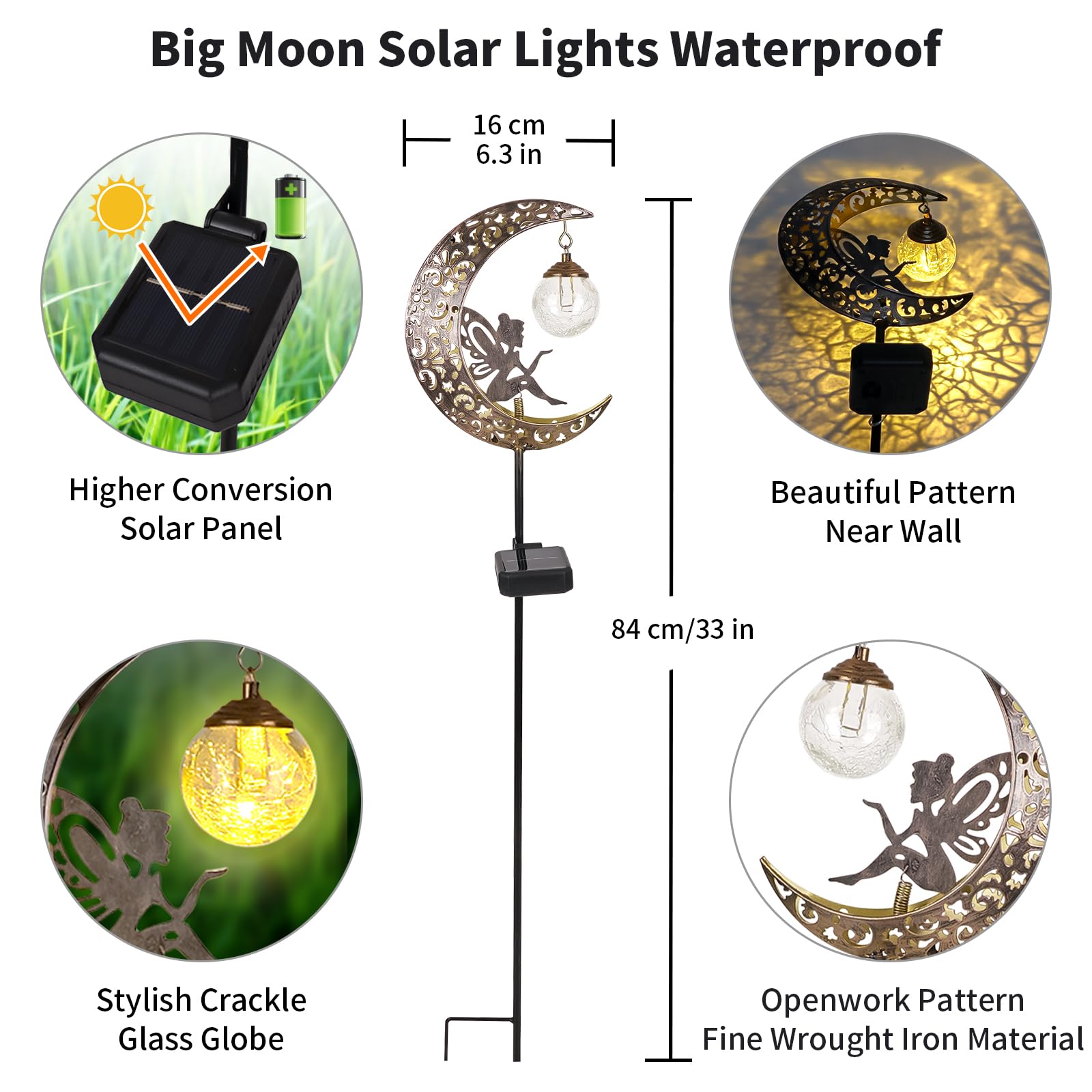 Solar Garden Lights Outdoor Decor,Moon Fairy Crackle Glass Lights,Waterproof Warm White Led Metal Stake Ornament,For Walkway Bac