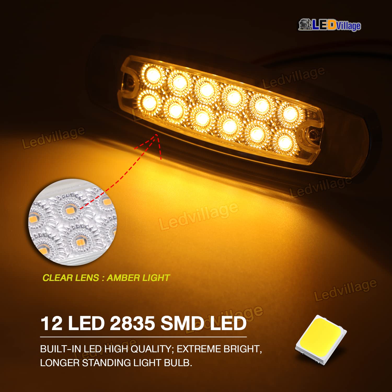 Ledvillage 20 Pcs 6.4 Inch Clear Lens Amber Led Side Marker Turn Signal Lights Clearance Parking Lamps For Truck Trailer Lorry Tow Rv W/Chrome Universal 12V Dc Bb12