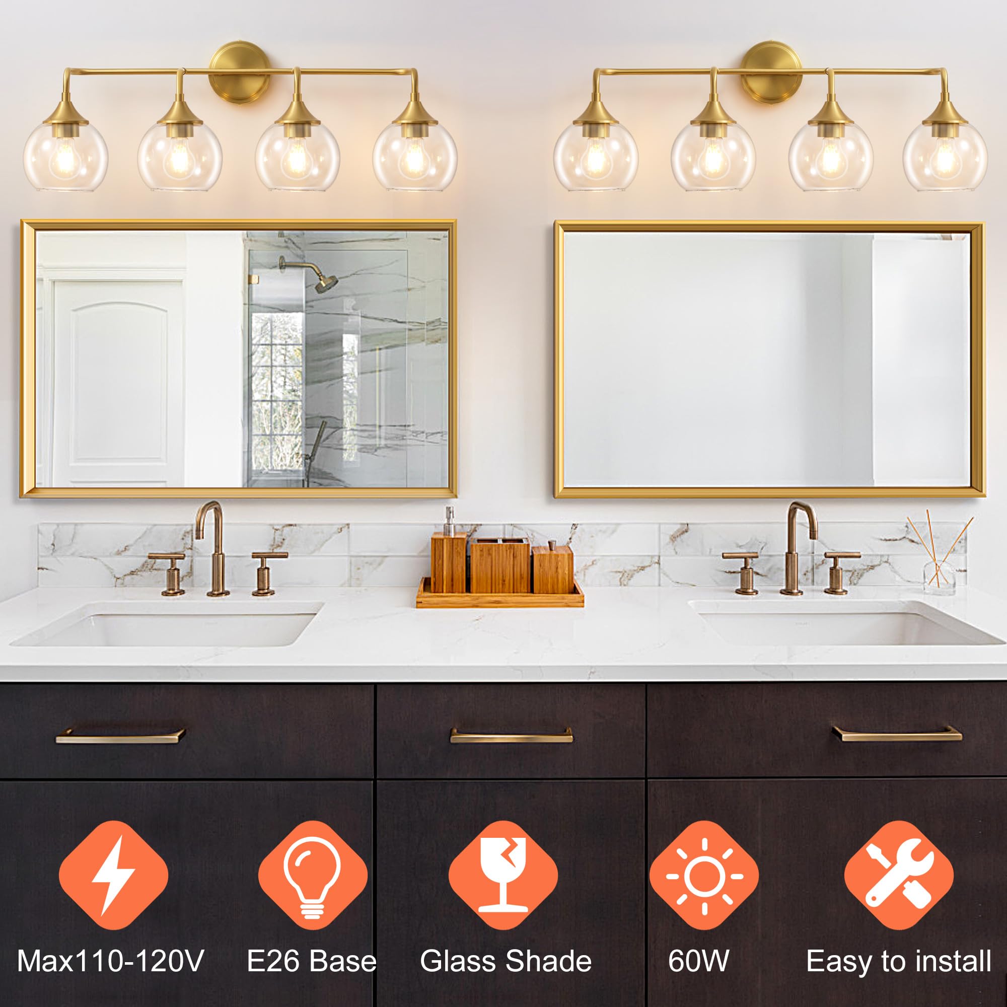 Gednbo Bathroom Vanity Light, 4-Light Gold Fixtures, Clear Glass Shade, 31 inch, Model G1796