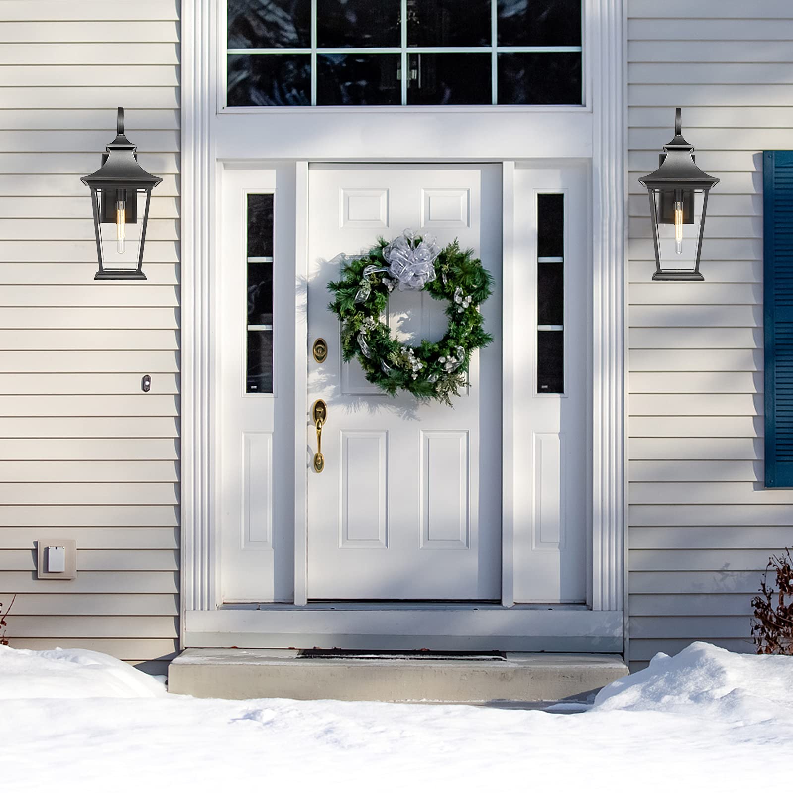 Emliviar Large Outdoor Wall Light, Modern Black Front Porch Light With Clear Glass, Xe220B Bk