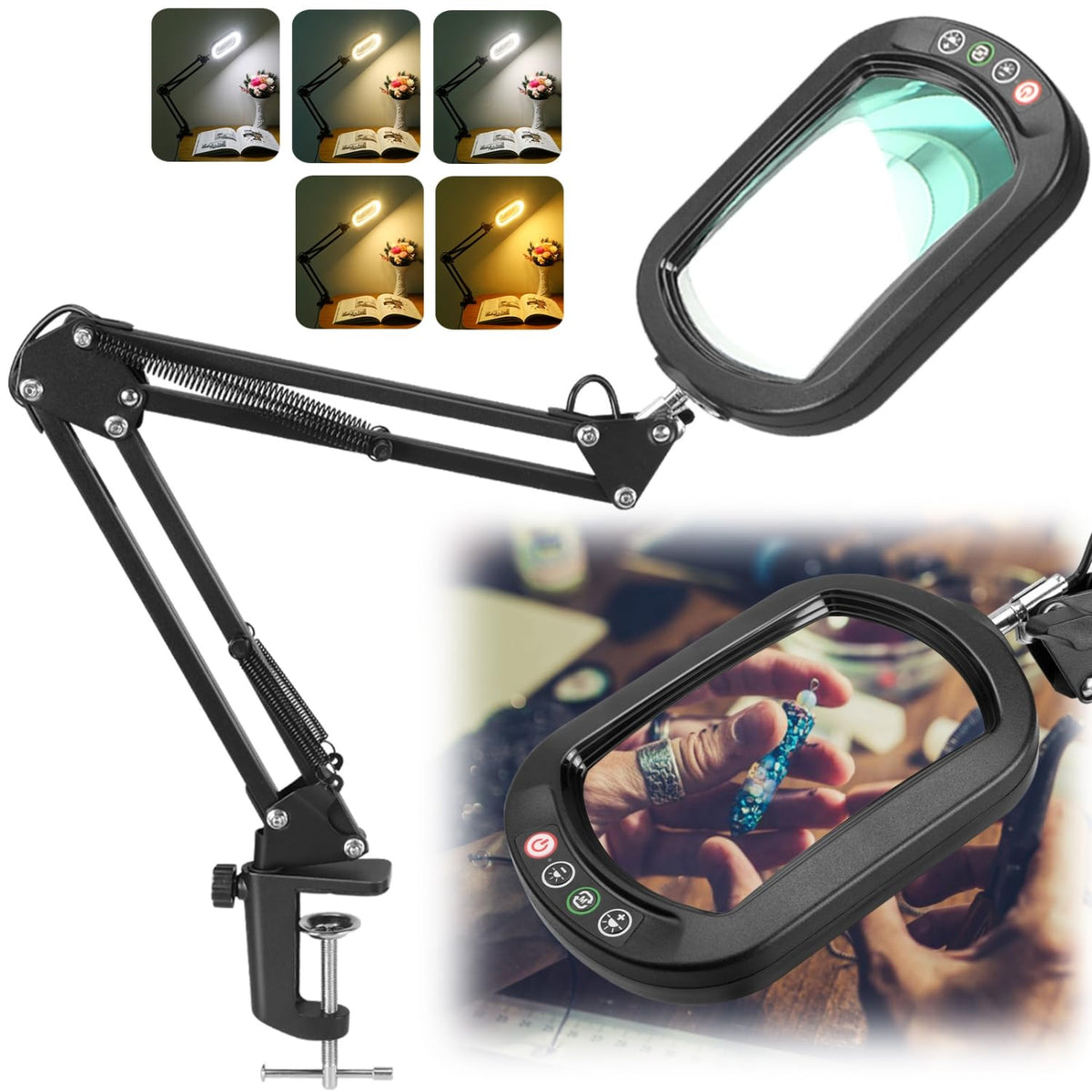 IVMAIE 10X Rectangle Magnifying Glass with Light, 5 Color Modes Stepless Dimmable Magnifier with Stand, LED Lighted Clamp Desk L