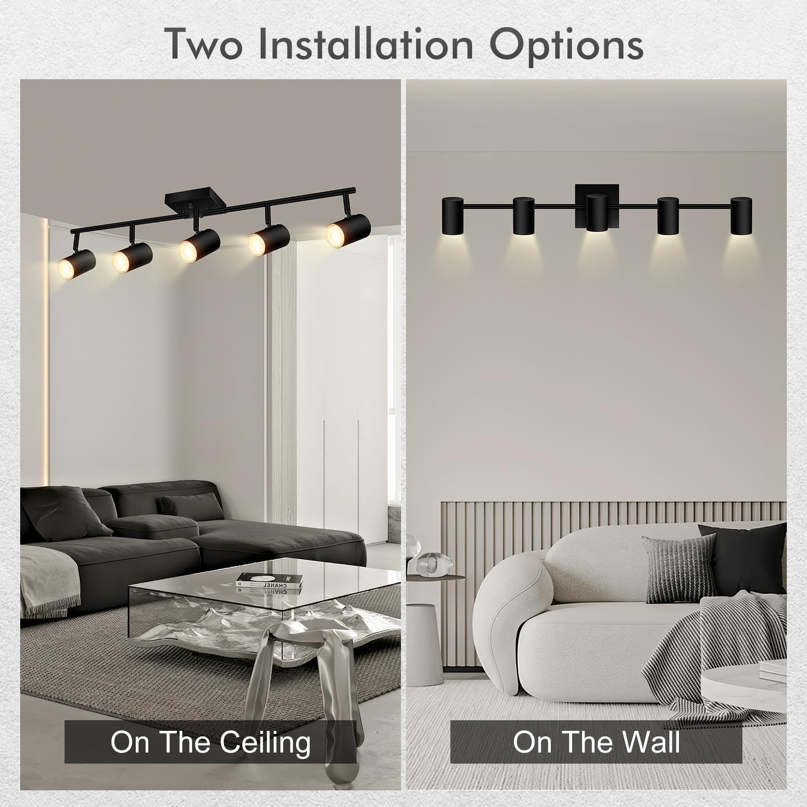 Auquee 5 Light Track Lighting Fixtures Ceiling, Matte Black Kichen Track Lighting, Rotatable Light Heads, Adjustable Modern Led